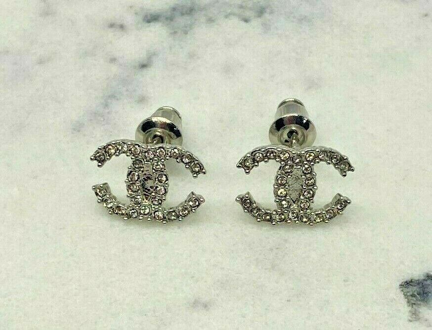 CHANEL CC Small Silver Tone Rhinestone Earrings - USED