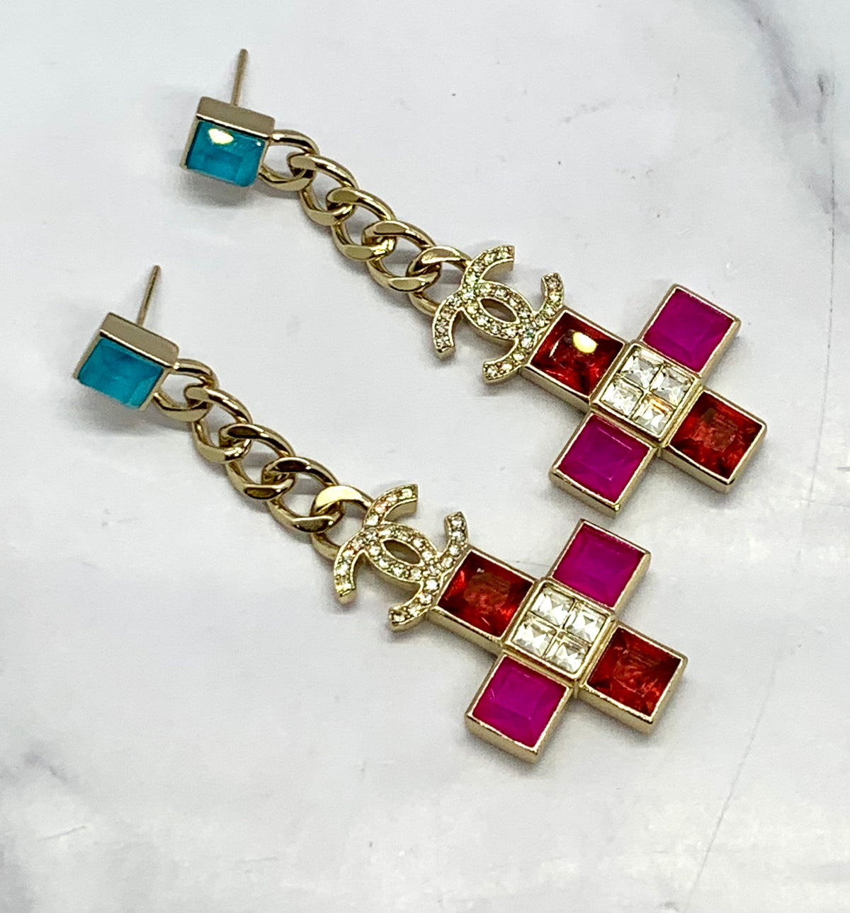 CHANEL CC Rhinestone Cross Pendant Earrings - USED