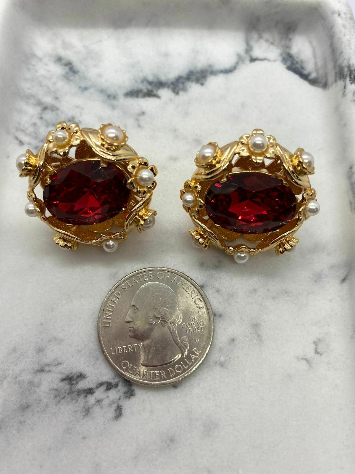 Dolce & Gabbana Gold & Ruby Rhinestone D&G Earrings- pre owned