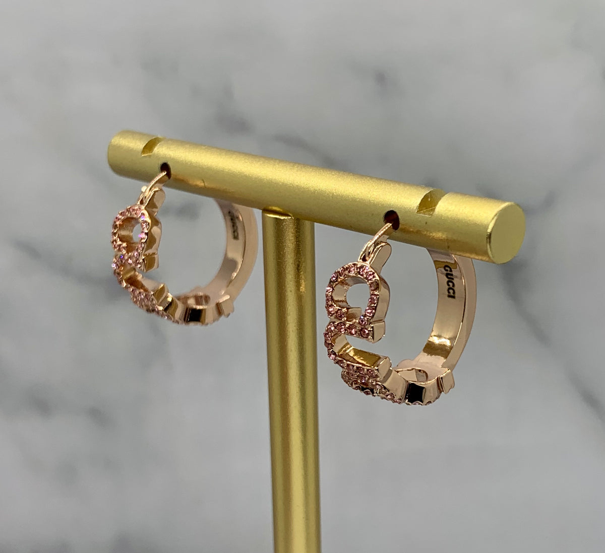 Auth GUCCI Rose Gold Rhinestone Hoop Earrings - Pre owned