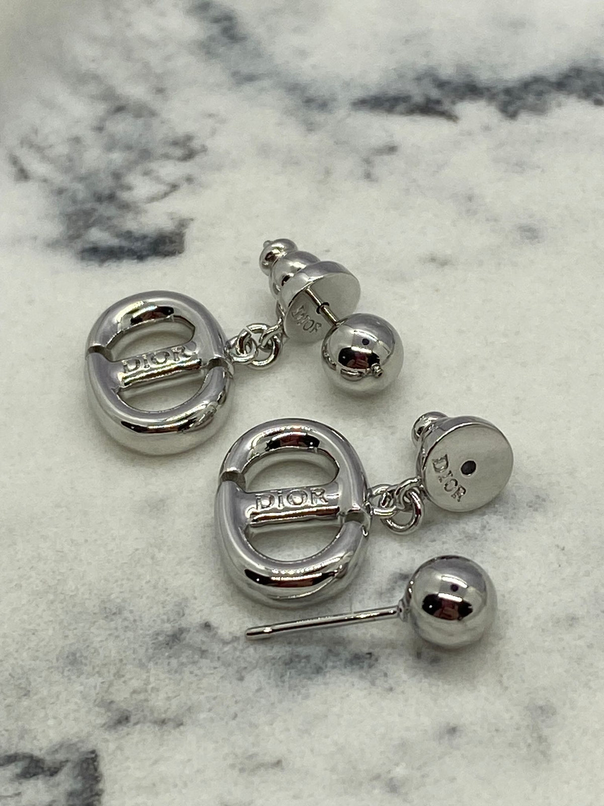 CHRISTIAN DIOR CD Silver Tone Monogram Earrings - Pre owned