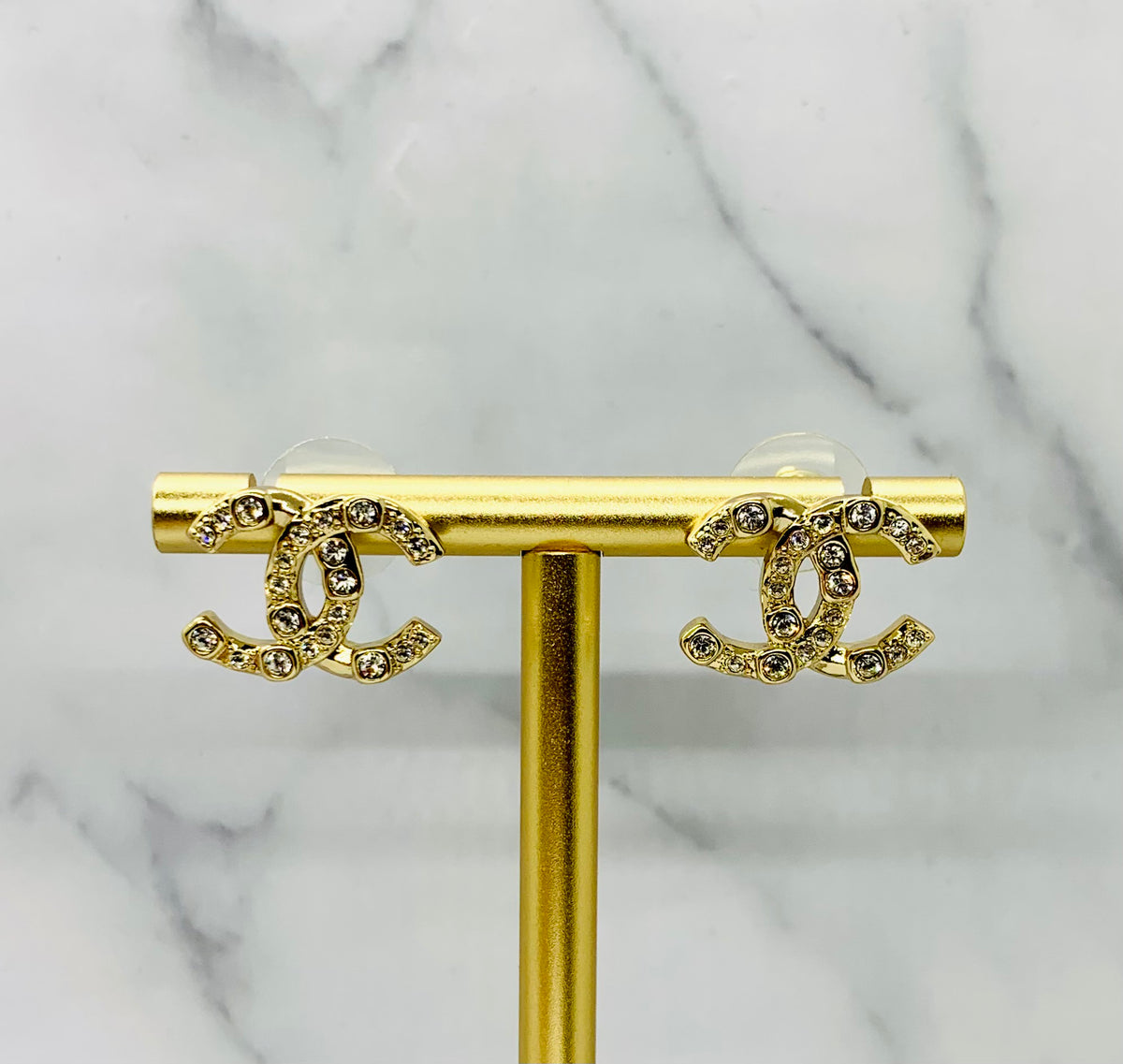 CHANEL CC Gold Tone Rhinestone Earrings - Pre owned
