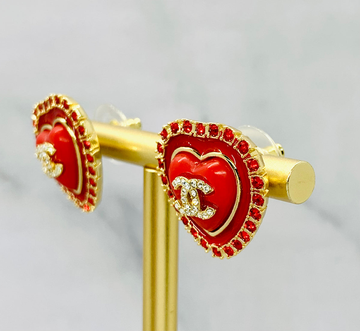 CHANEL CC Red Rhinestone Heart Earrings - Pre owned