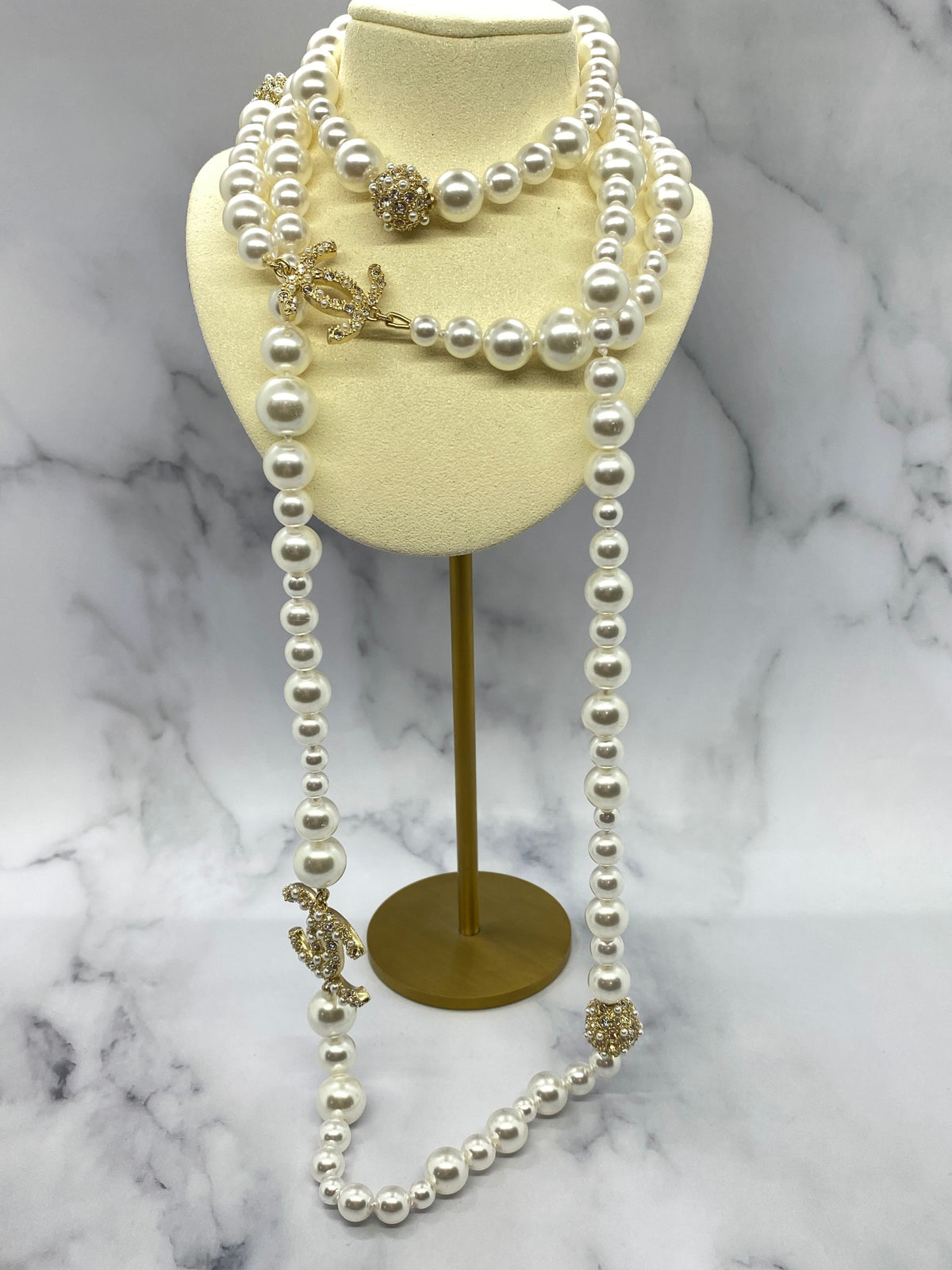 CHANEL CC Pearl Long Layer Statement Necklace - USED
