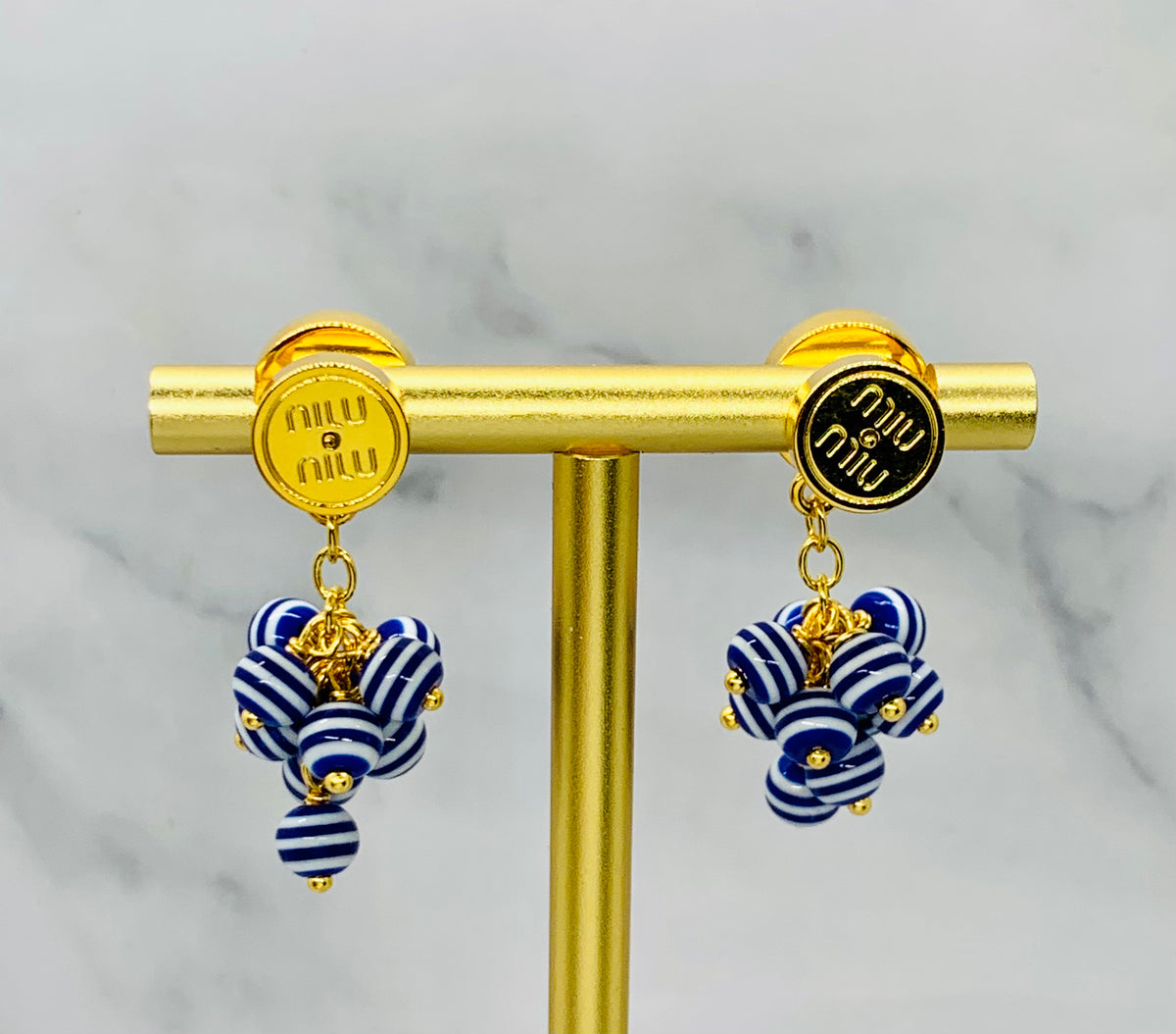 MIU MIU Blue Striped Cluster Pendant Earrings - Pre owned