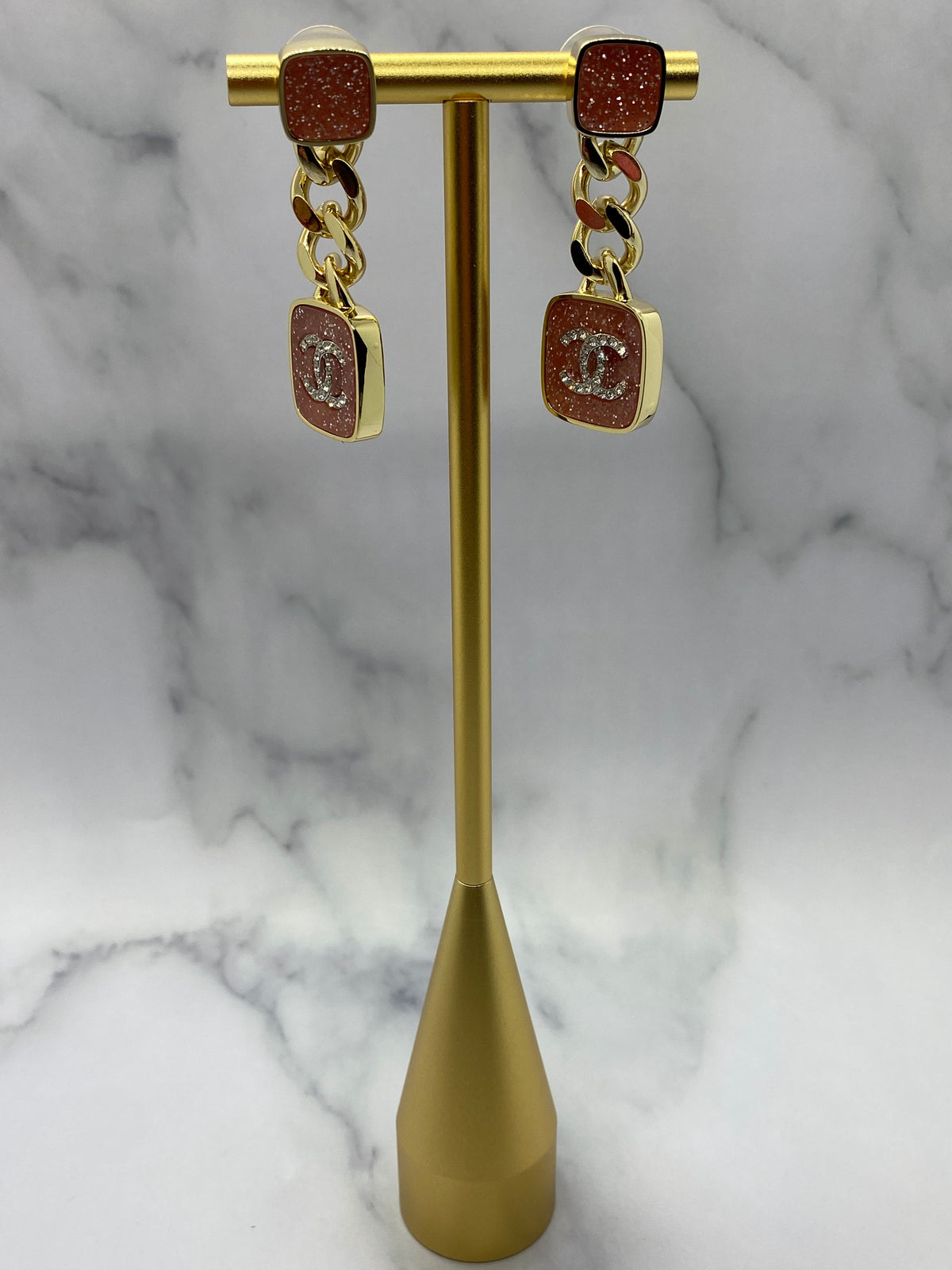 CHANEL CC Enamel Coral & Gold Chain Pendant Earrings - Pre owned