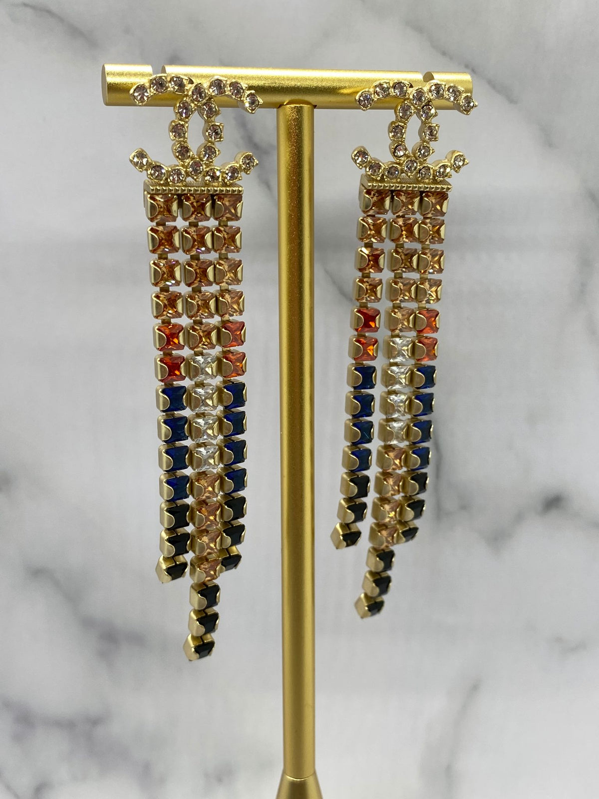 CHANEL CC Rhinestone Colorful Fringe Earrings - Pre owned