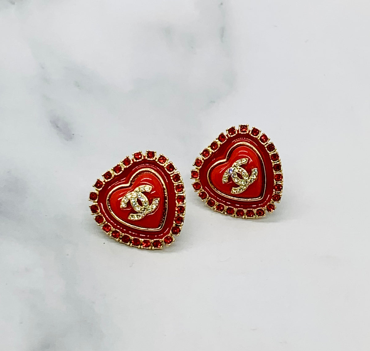 CHANEL CC Red Rhinestone Heart Earrings - Pre owned