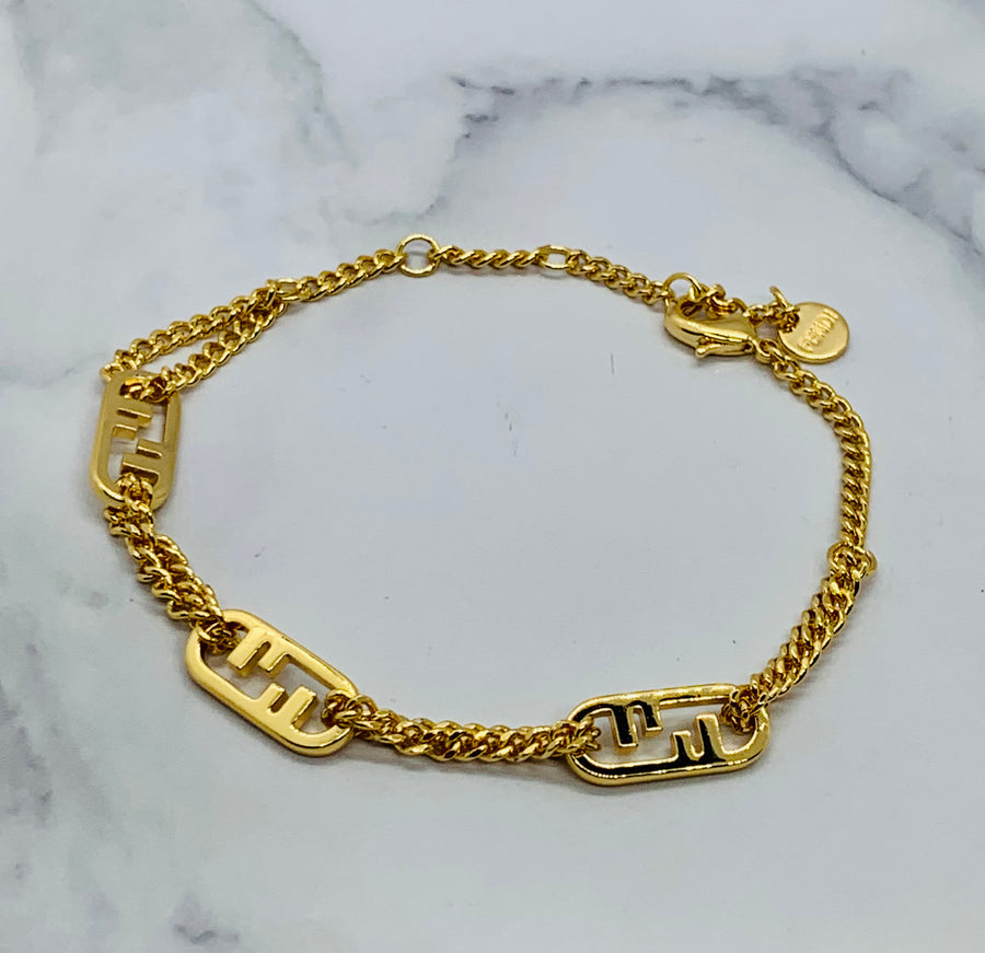 Auth FENDI FF Monogram Gold Tone Bracelet - Pre owned