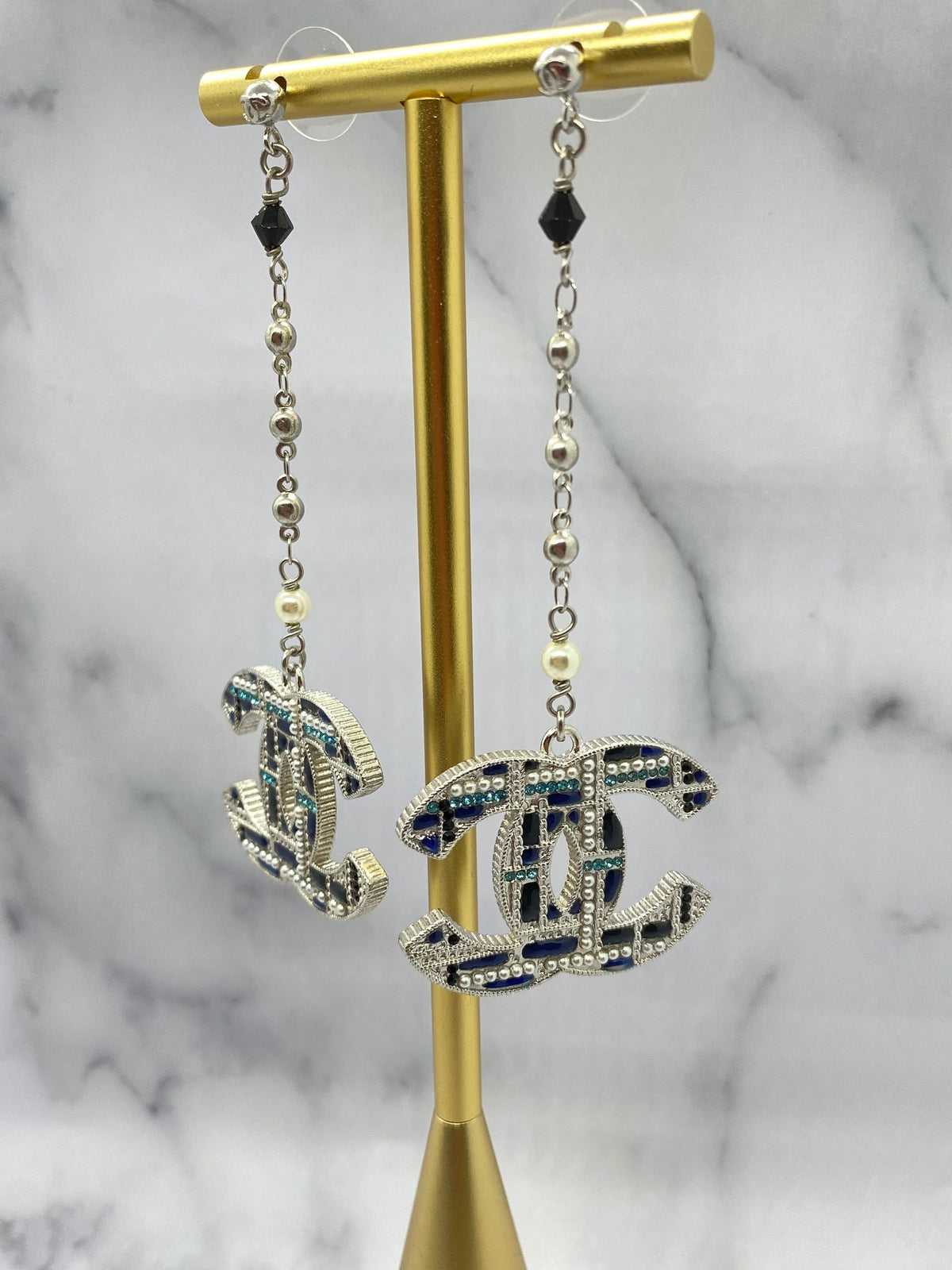 CHANEL CC Blue Plaid Pendant Earrings - Pre owned