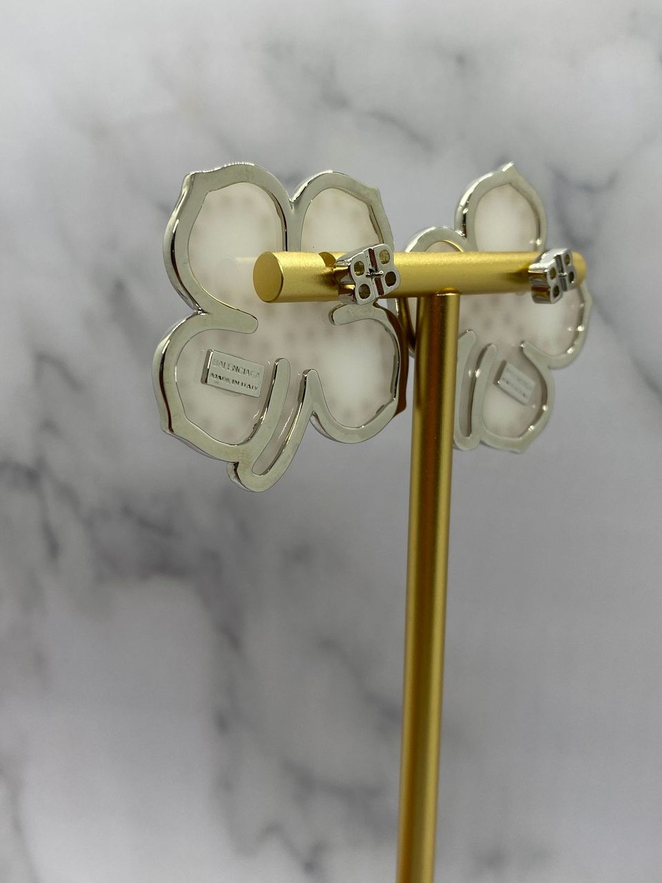 BALENCIAGA White Rhinestone Clover Earrings - USED
