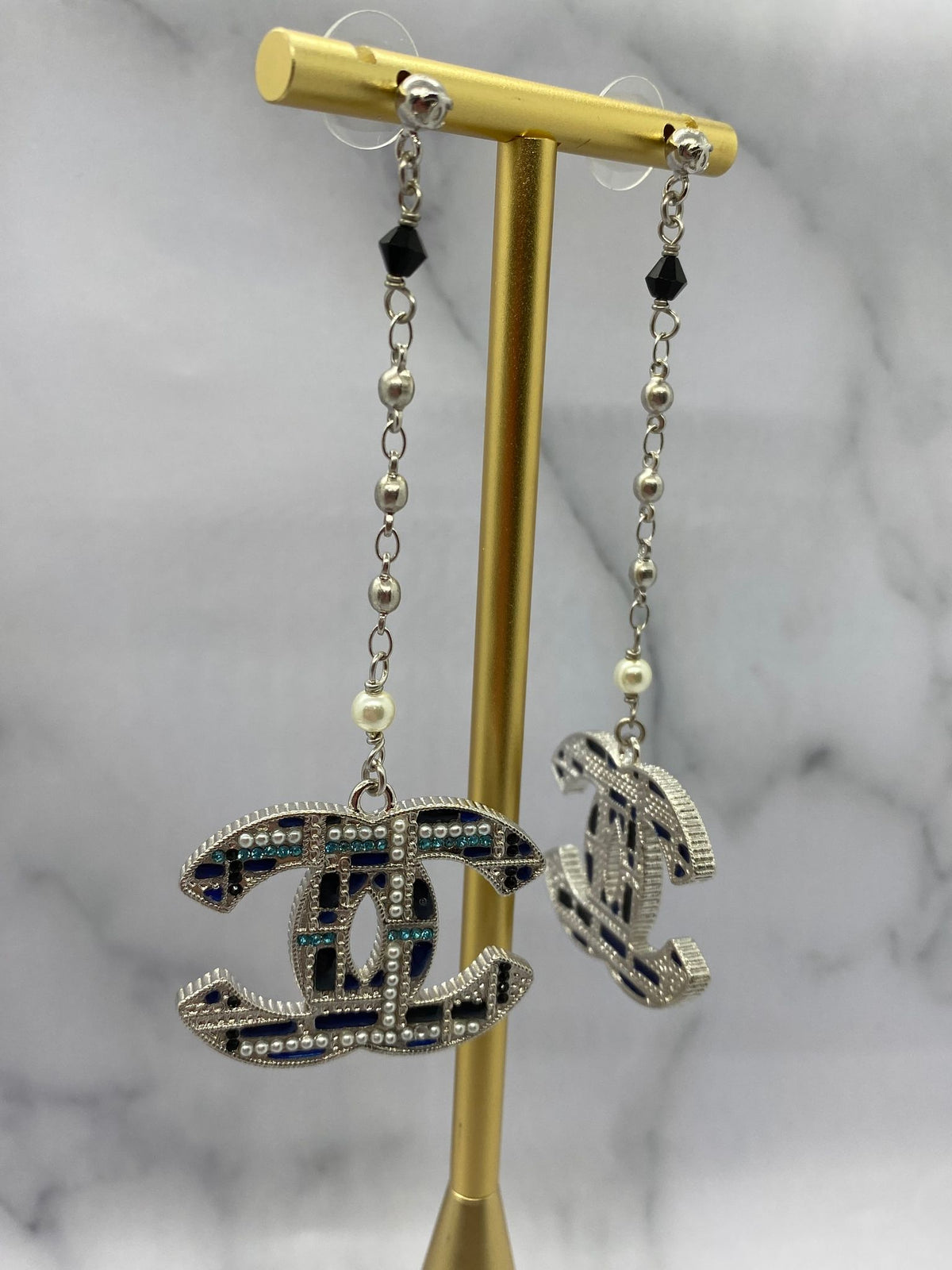 CHANEL CC Blue Plaid Pendant Earrings - Pre owned