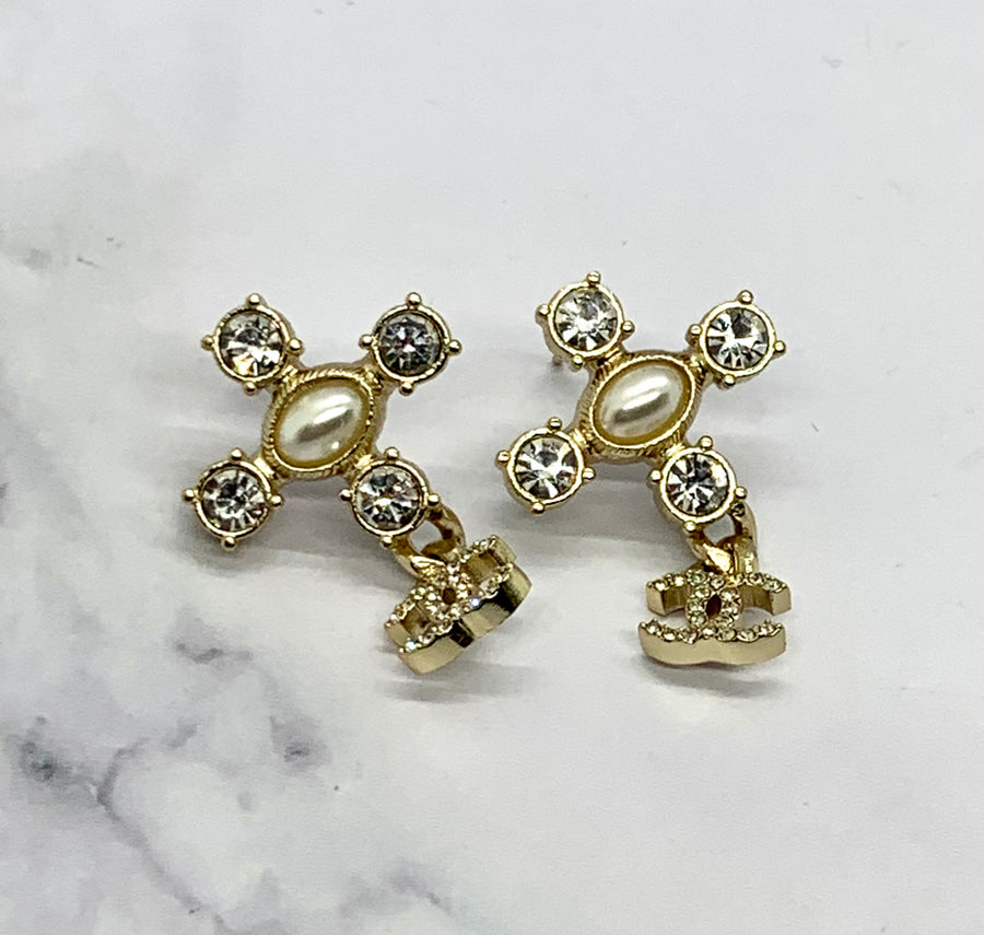 CHANEL CC Rhinestone Cross Earrings - USED
