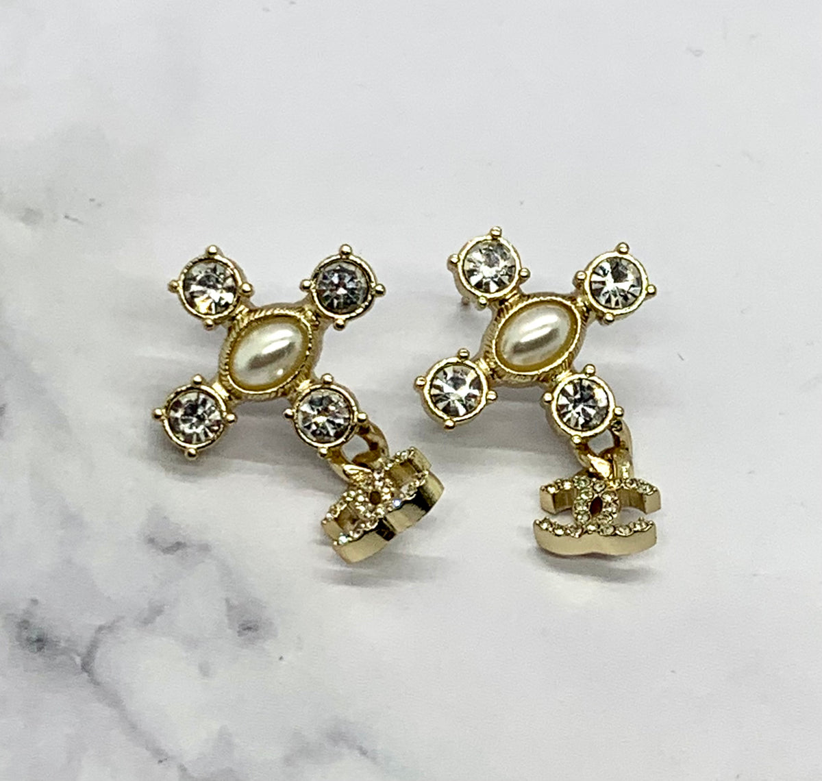 CHANEL CC Rhinestone Cross Earrings - USED