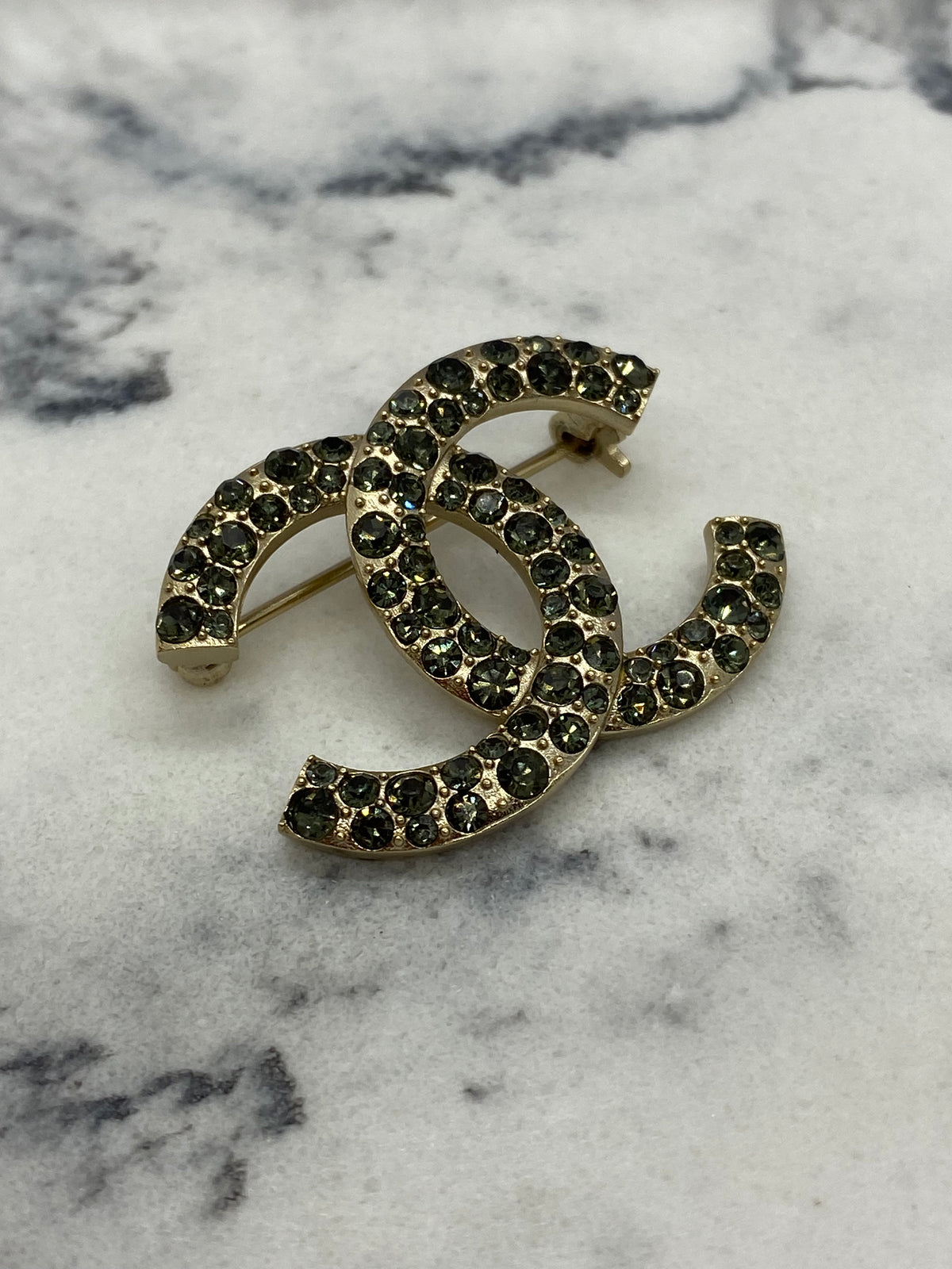 CHANEL CC Pewter Dark Rhinestone Brooch - USED