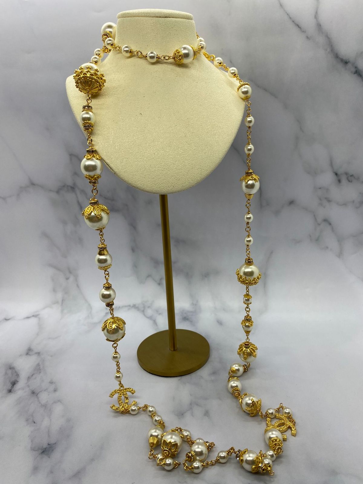 CHANEL CC Gold Tone Long Pearl Wrap Necklace - USED