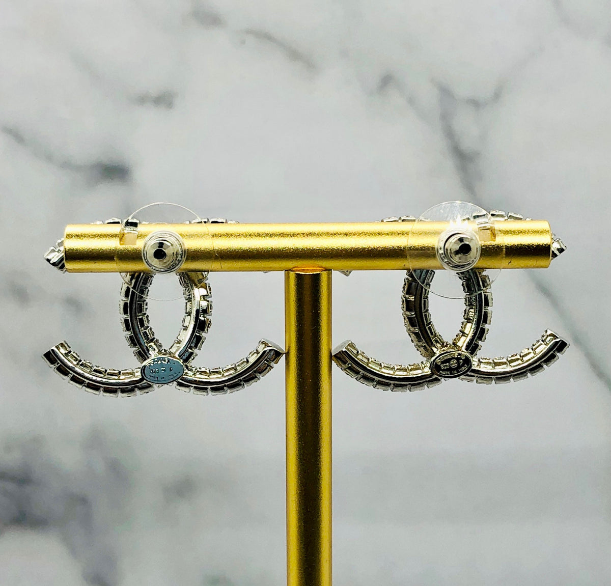CHANEL CC Silver Tone Rhinestone Earrings - USED