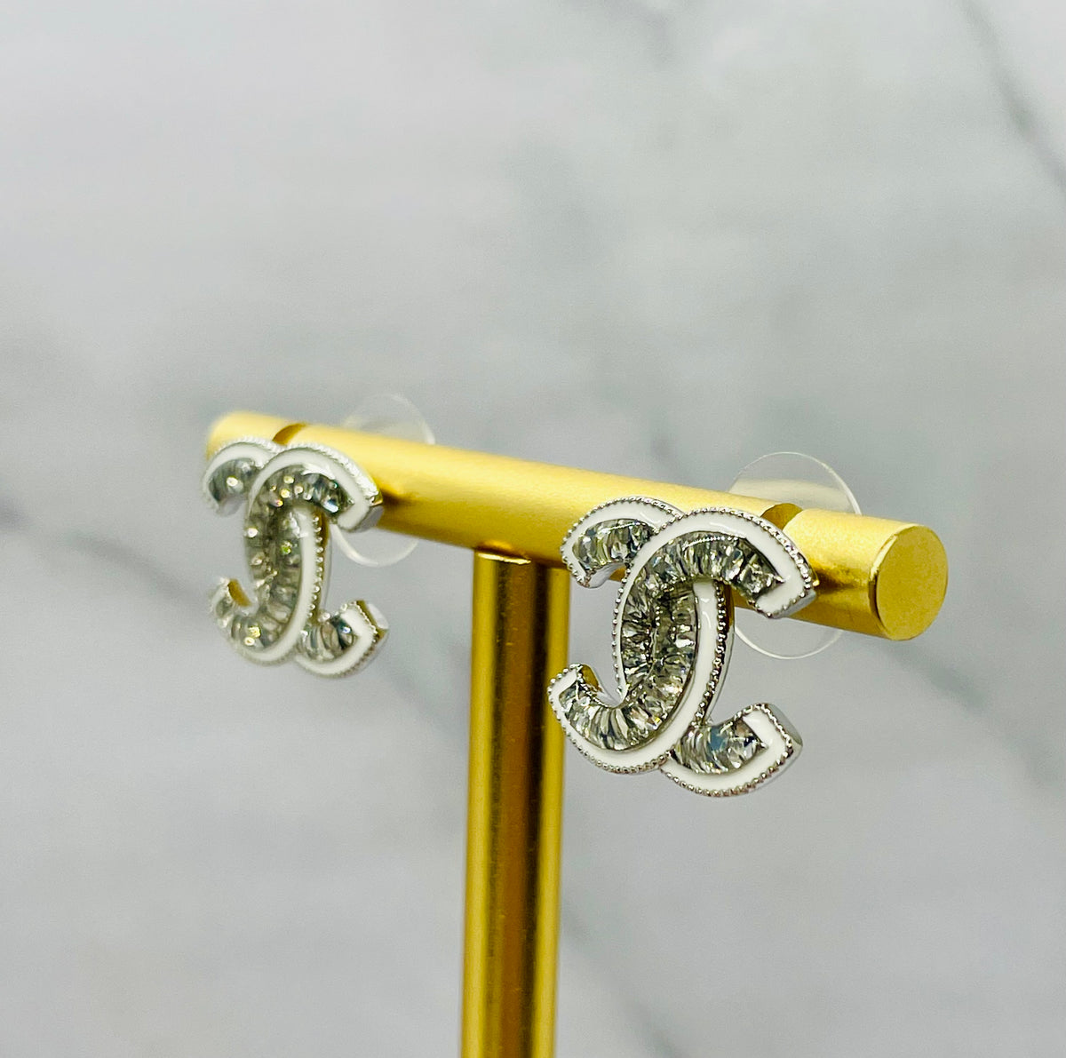 CHANEL CC White Trim Rhinestone Earrings - Pre owned