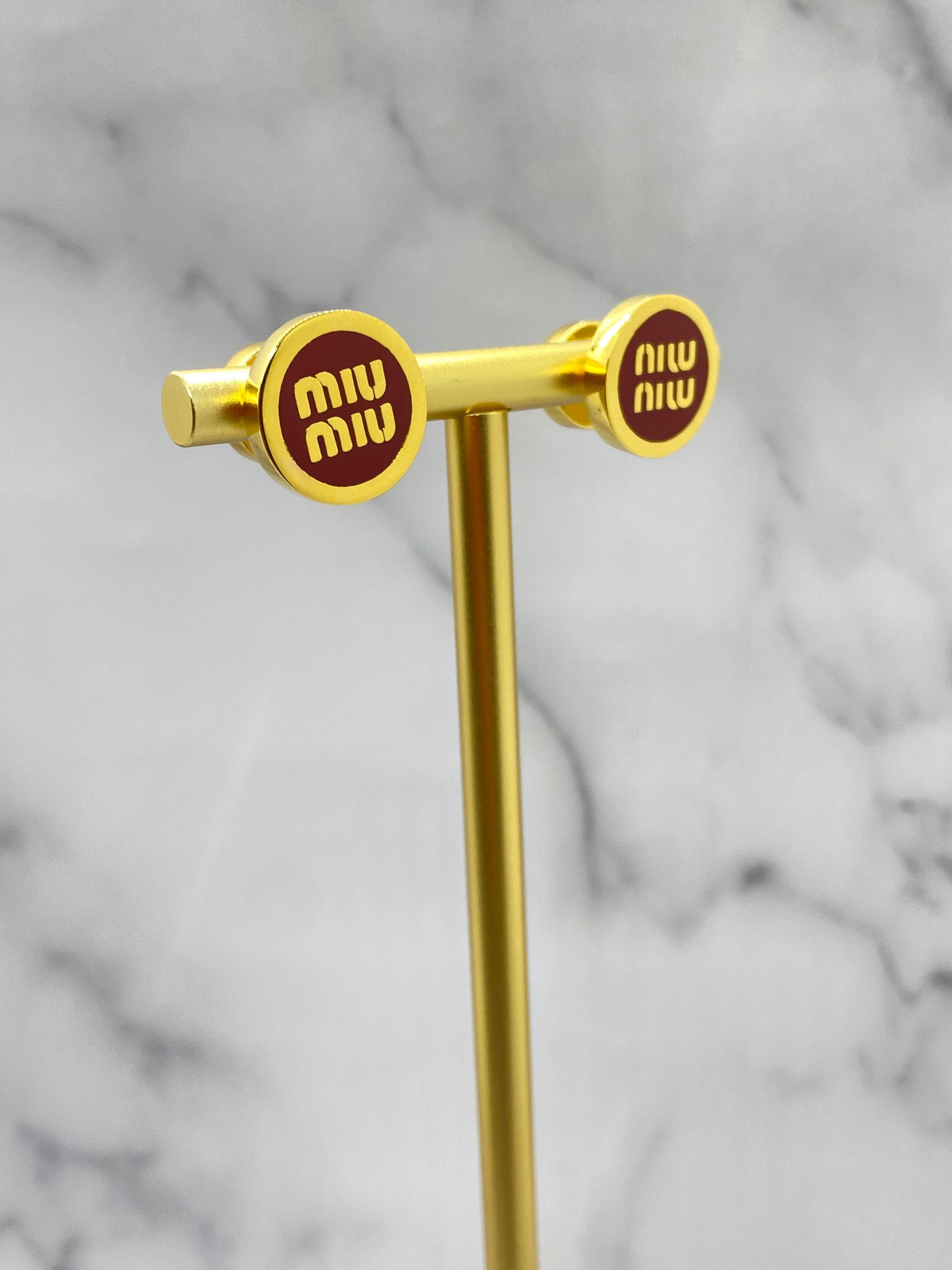 MIU MIU Gold Tone Maroon Button Earrings - Pre owned