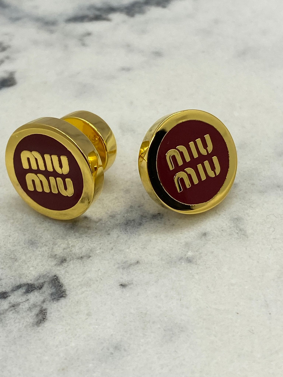 MIU MIU Gold Tone Maroon Button Earrings - Pre owned