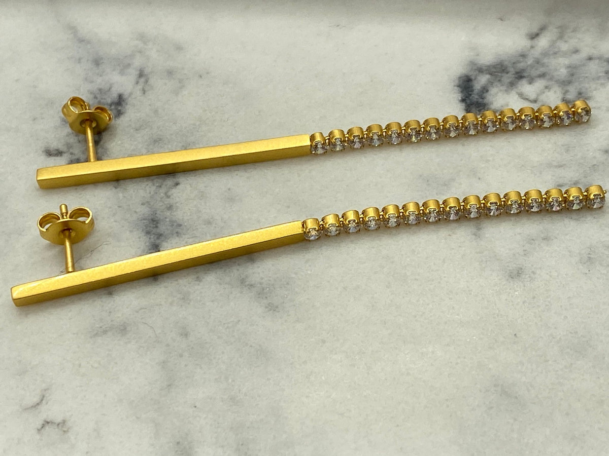 CELINE Gold Tone Rhinestone Stick Earrings - Pre owned