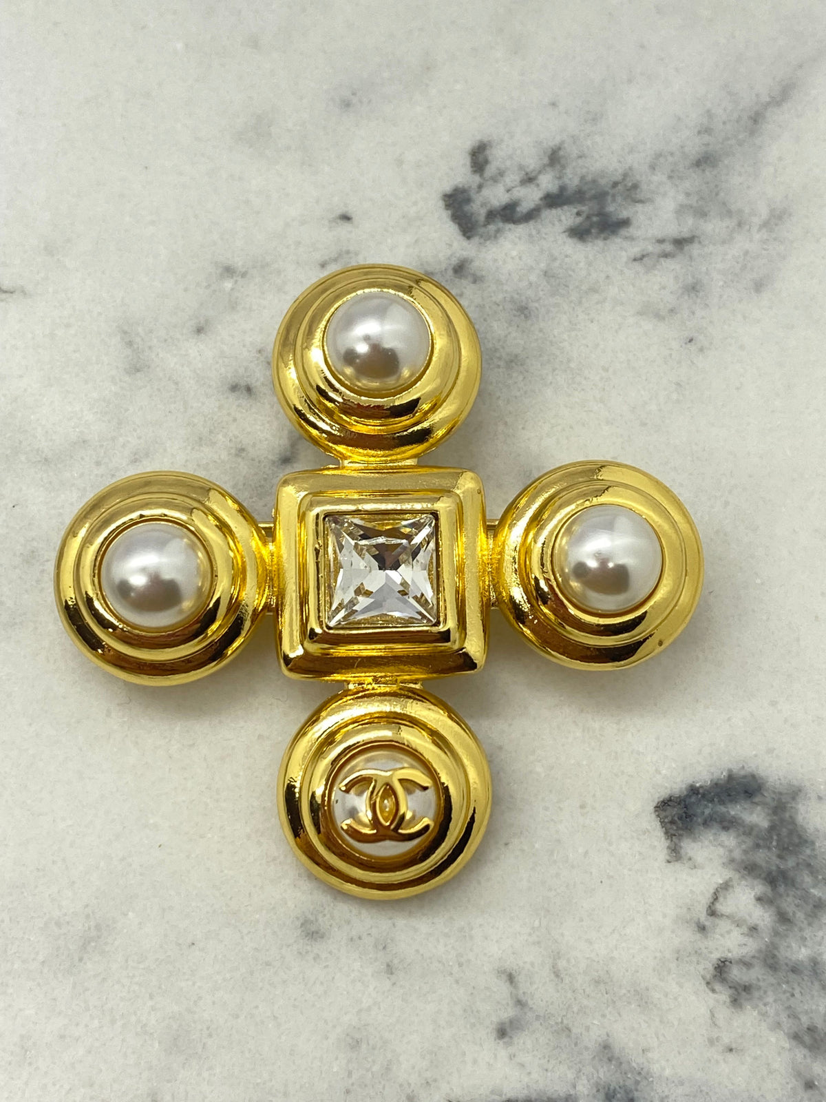 CHANEL CC Gold Tone Cross Pearl Brooch Pin - USED