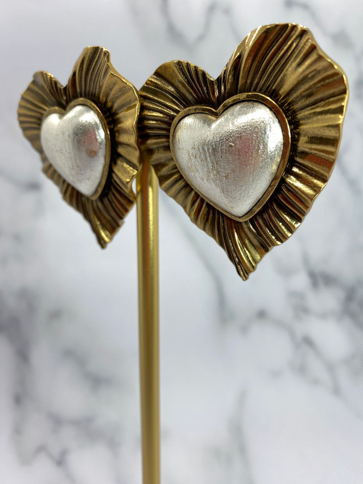 YSL YVES SAINT LAURENT Brass & Silver Heart Earrings - Pre owned