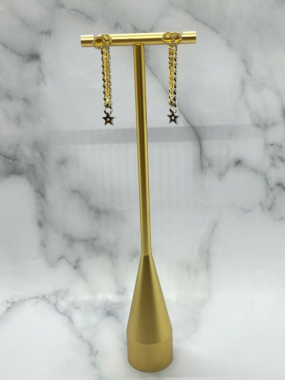CHRISTIAN DIOR CD Silver & Gold Chain Pendant Earrings - USED