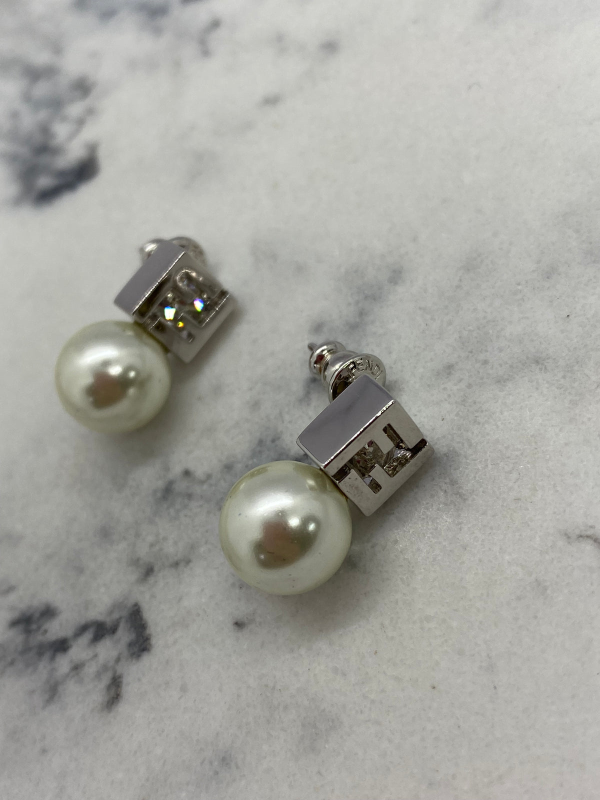 FENDI FF Silver Tone Pearl Earrings - Pre owned