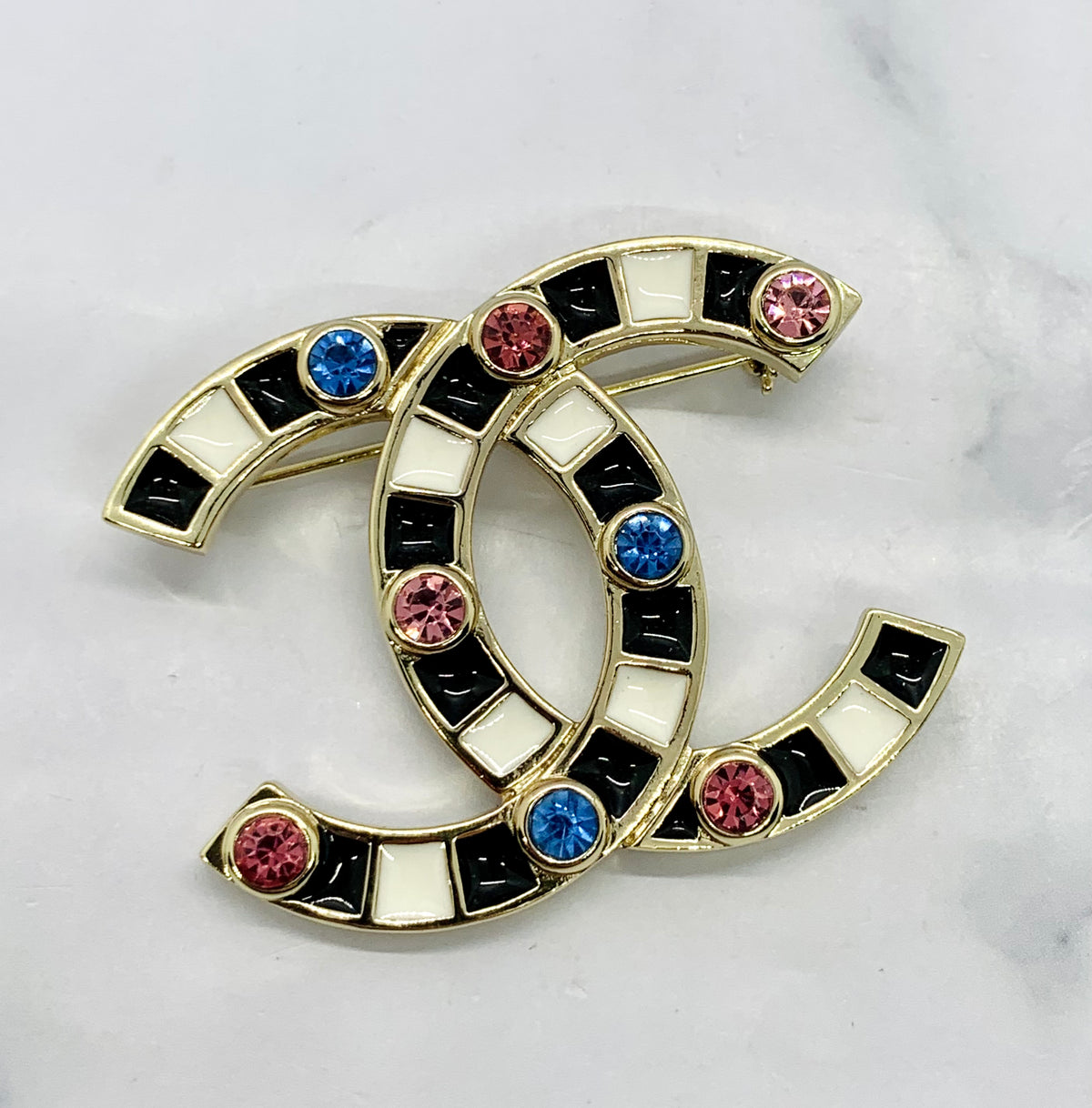 CHANEL CC Rhinestone Enamel Brooch Pin - USED