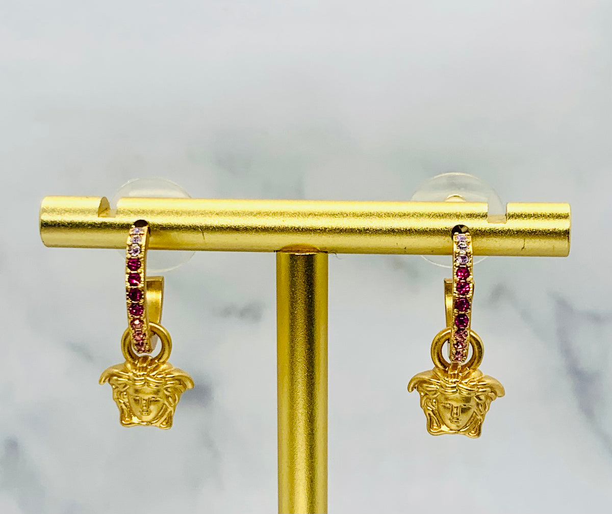 VERSACE Medusa Pink Rhinestone Pendant Earrings - Pre owned