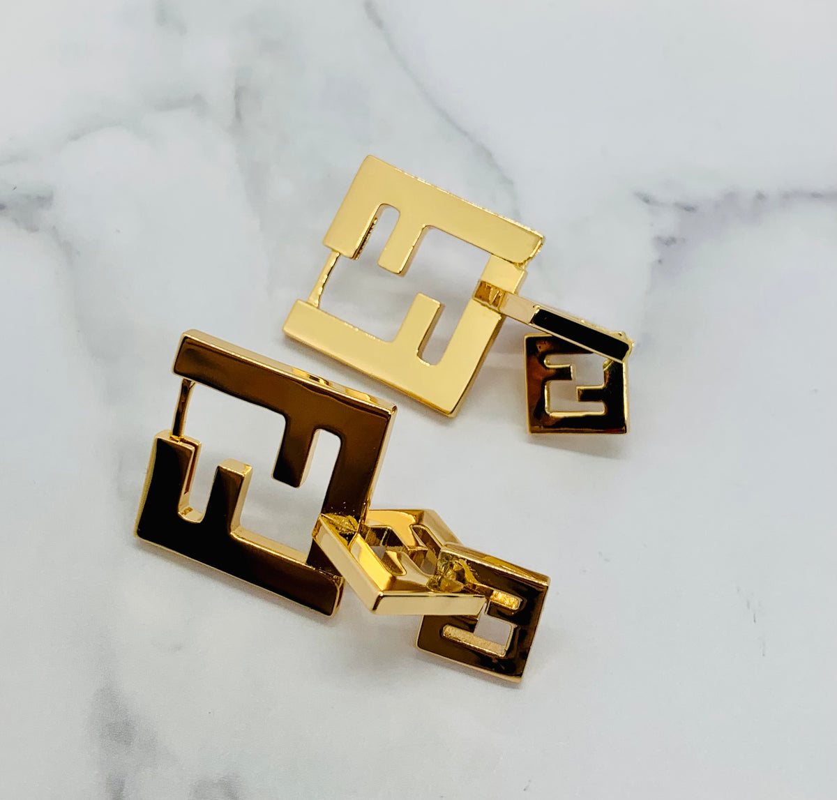 FENDI FF Gold Tone Pendant Earrings - Pre owned