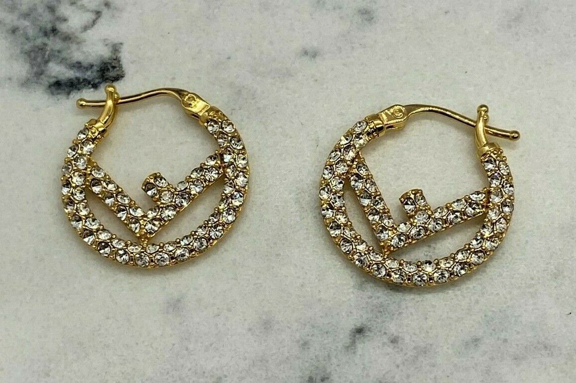 FENDI F Gold Tone Rhinestone Hoop Earrings - Pre owned