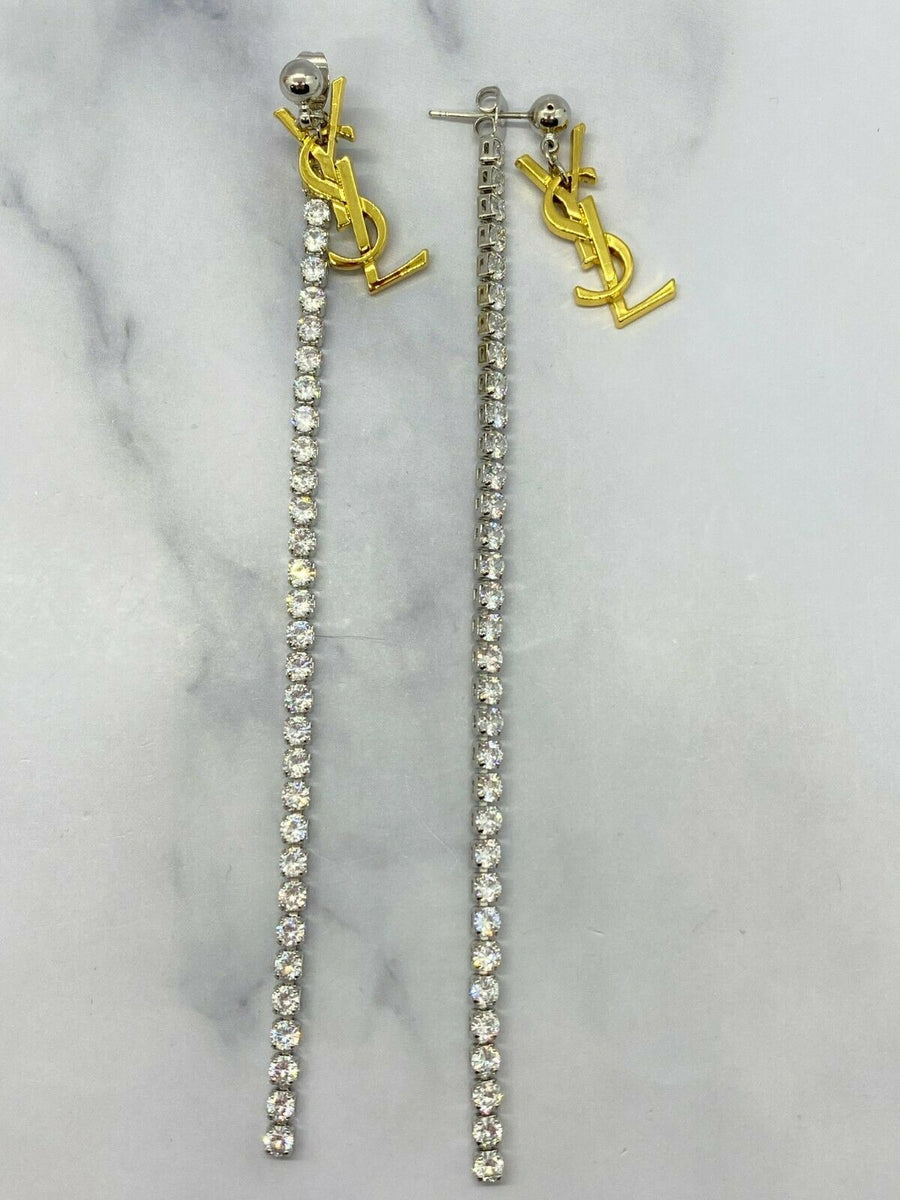 YSL Yves Saint Laurent Gold Tone Rhinestone Pendant Earrings - Pre owned