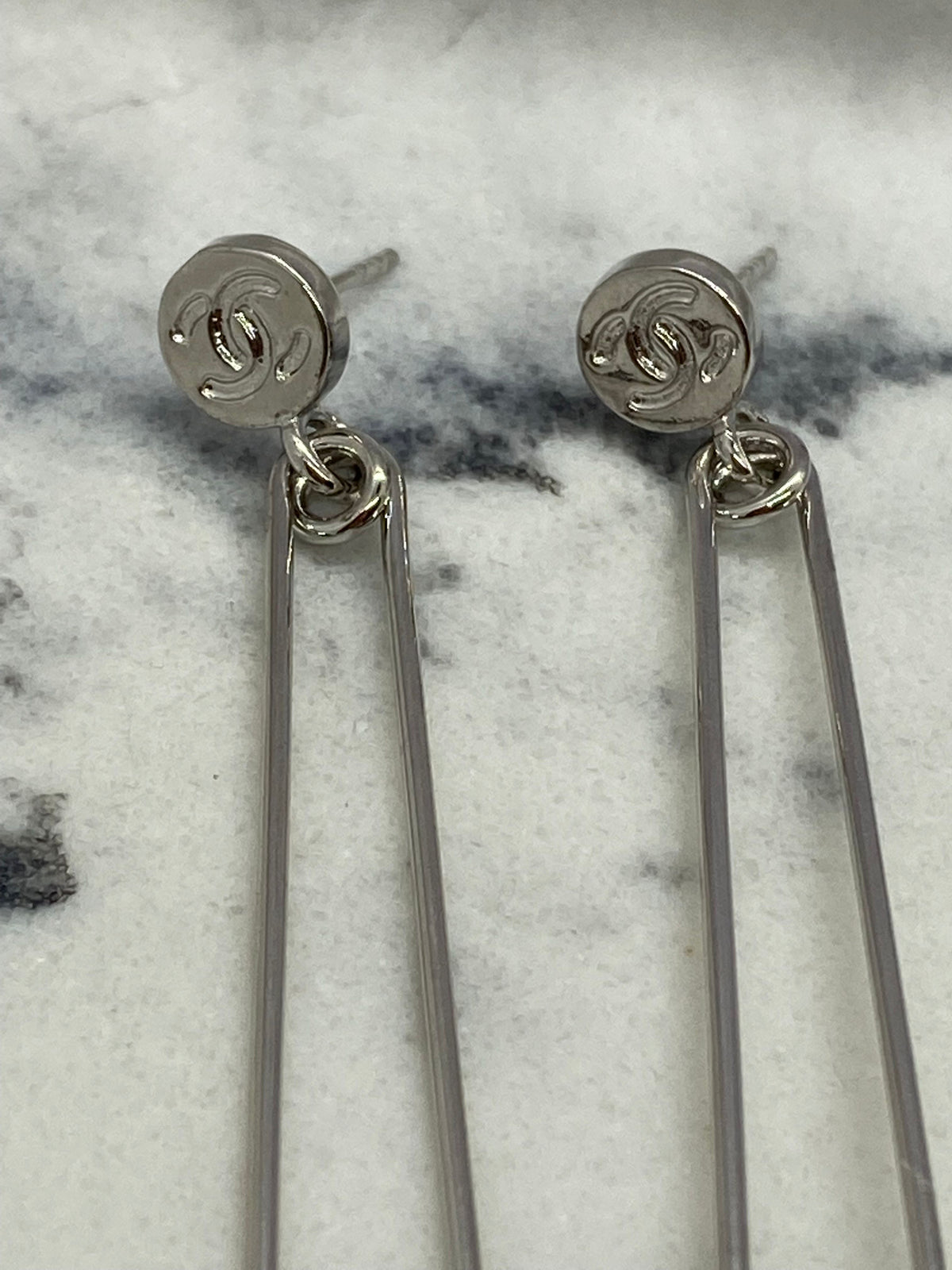 CHANEL CC Silver Tone Safety Pin Rhinestone Earrings - Pre owned