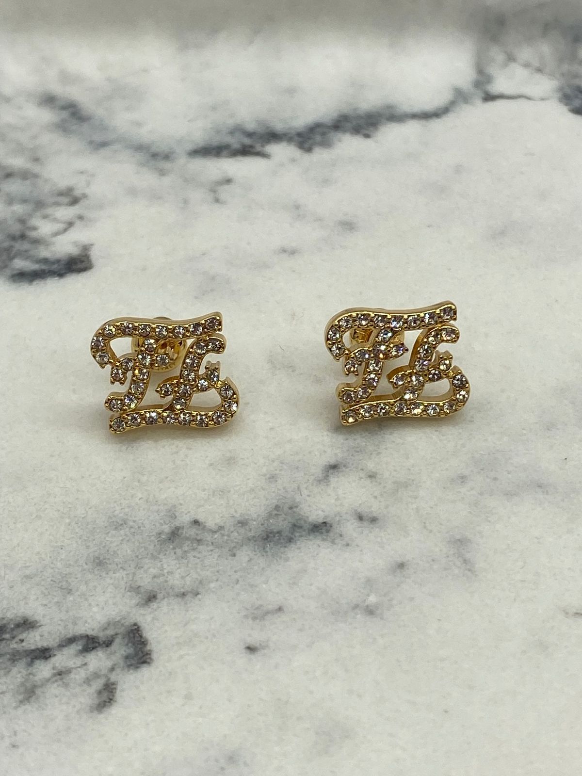 FENDI FF Gold Tone Rhinestone Monogram Earrings - Pre owned