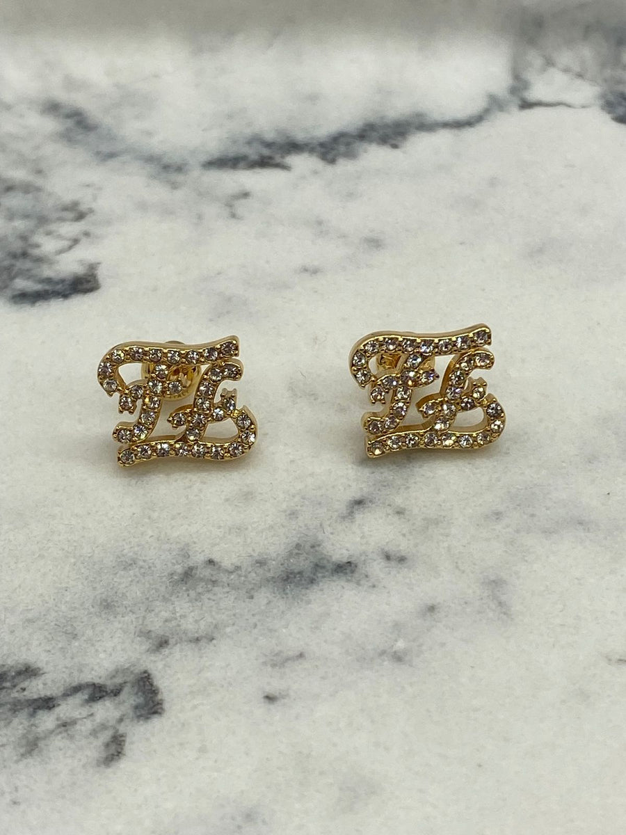 FENDI FF Gold Tone Rhinestone Monogram Earrings - Pre owned