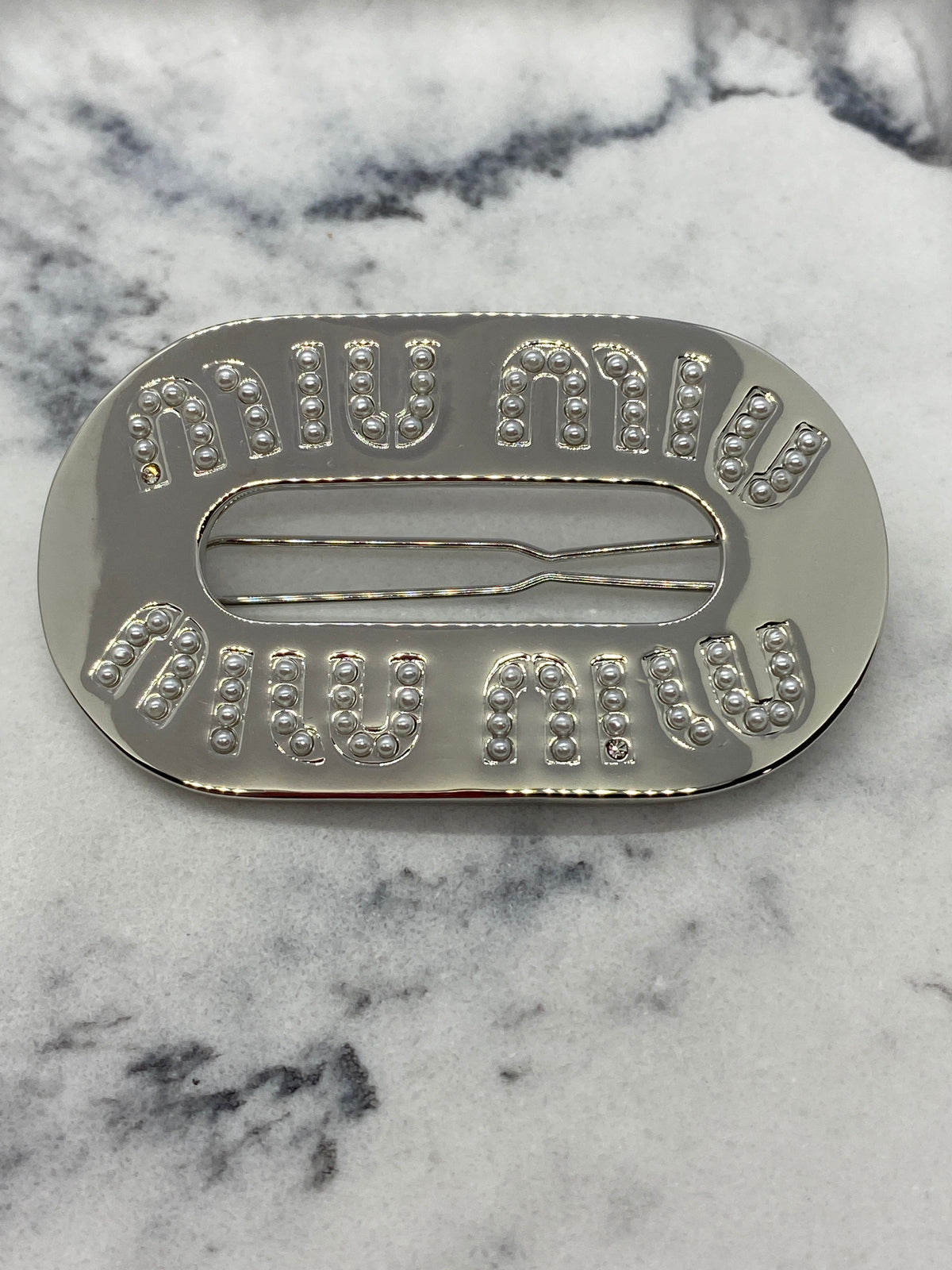 MIU MIU Silver Tone Pearl Trim Hair Clip Barrette - Pre owned