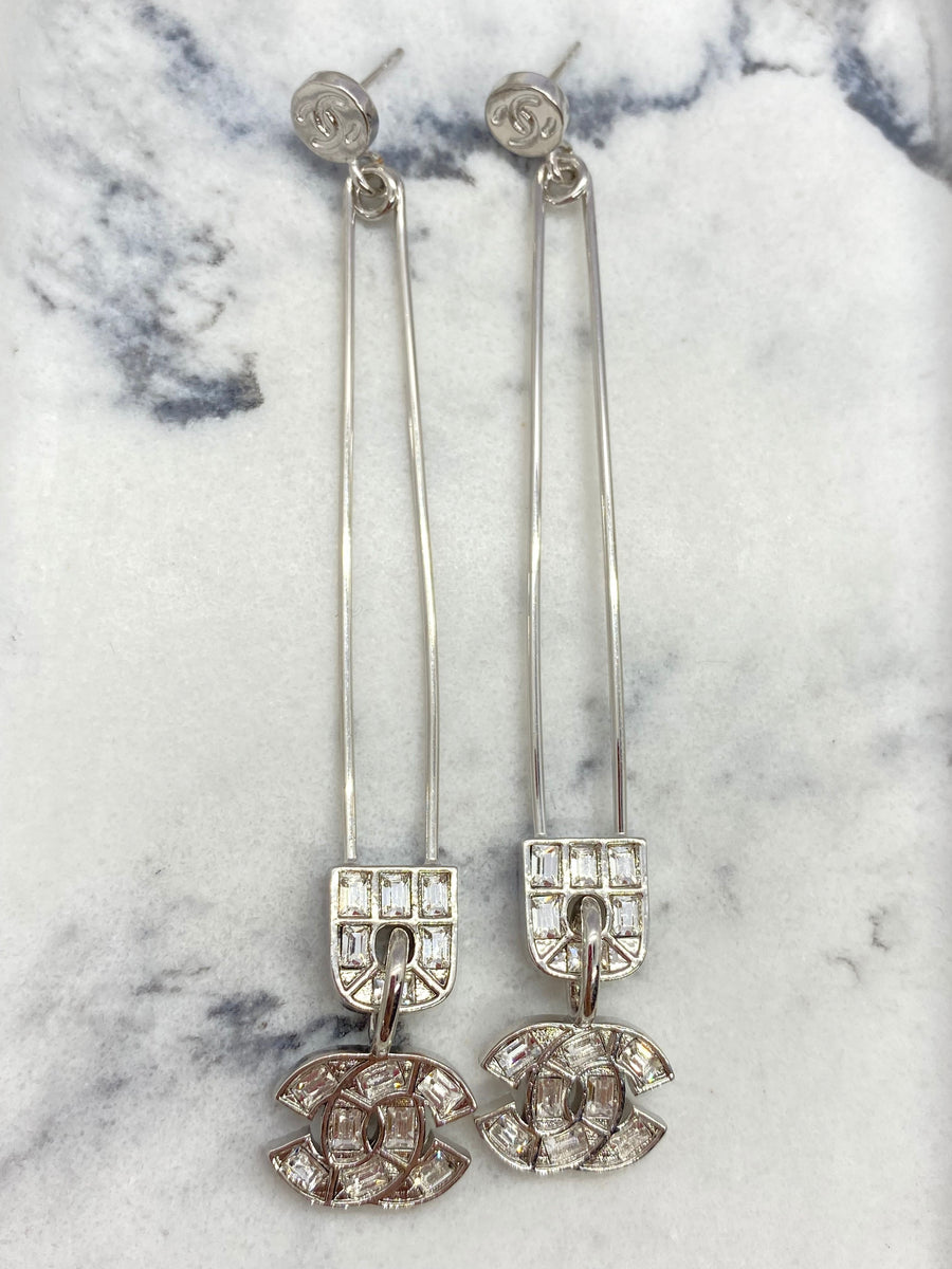 CHANEL CC Silver Tone Safety Pin Rhinestone Earrings - Pre owned