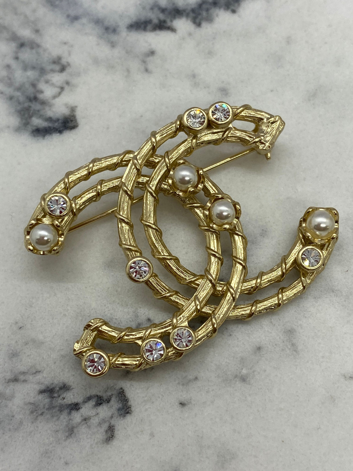 CHANEL CC Gold Tone Rhinestone Brooch Pin - USED