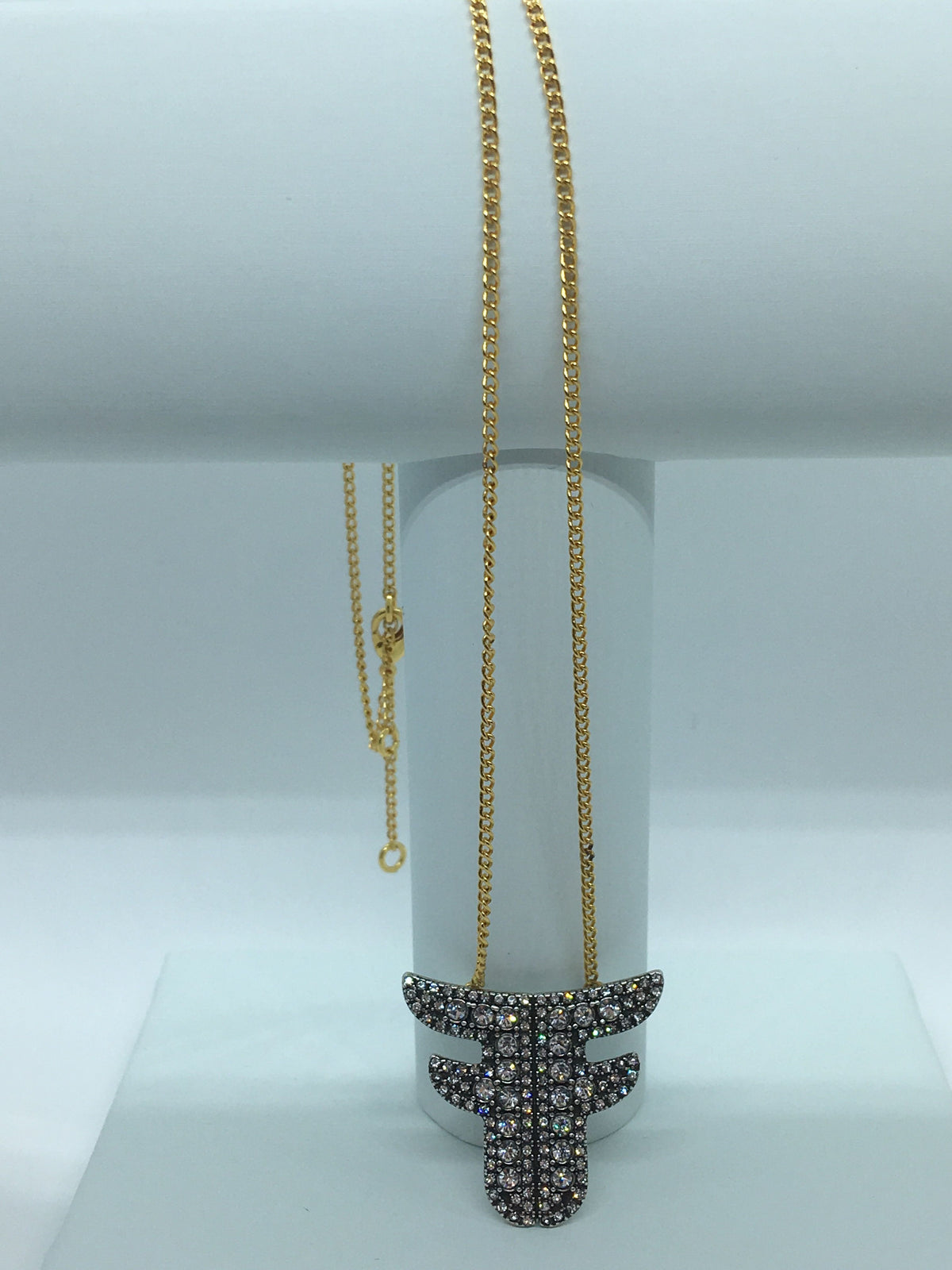 Auth FENDI F Rhinestone Duo Tone Logo Necklace - Pre owned