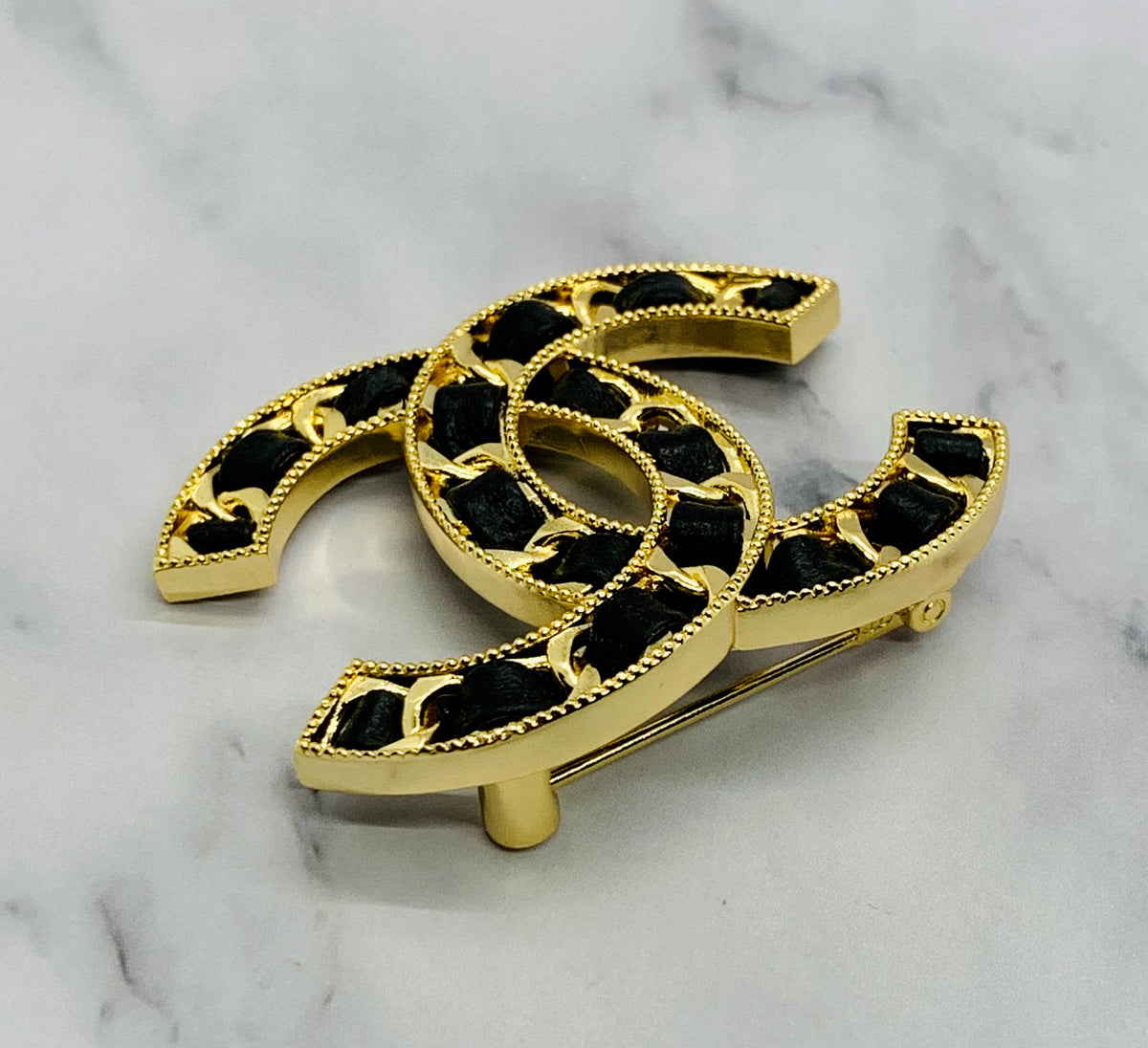 CHANEL CC Leather Trim Brooch Pin - USED