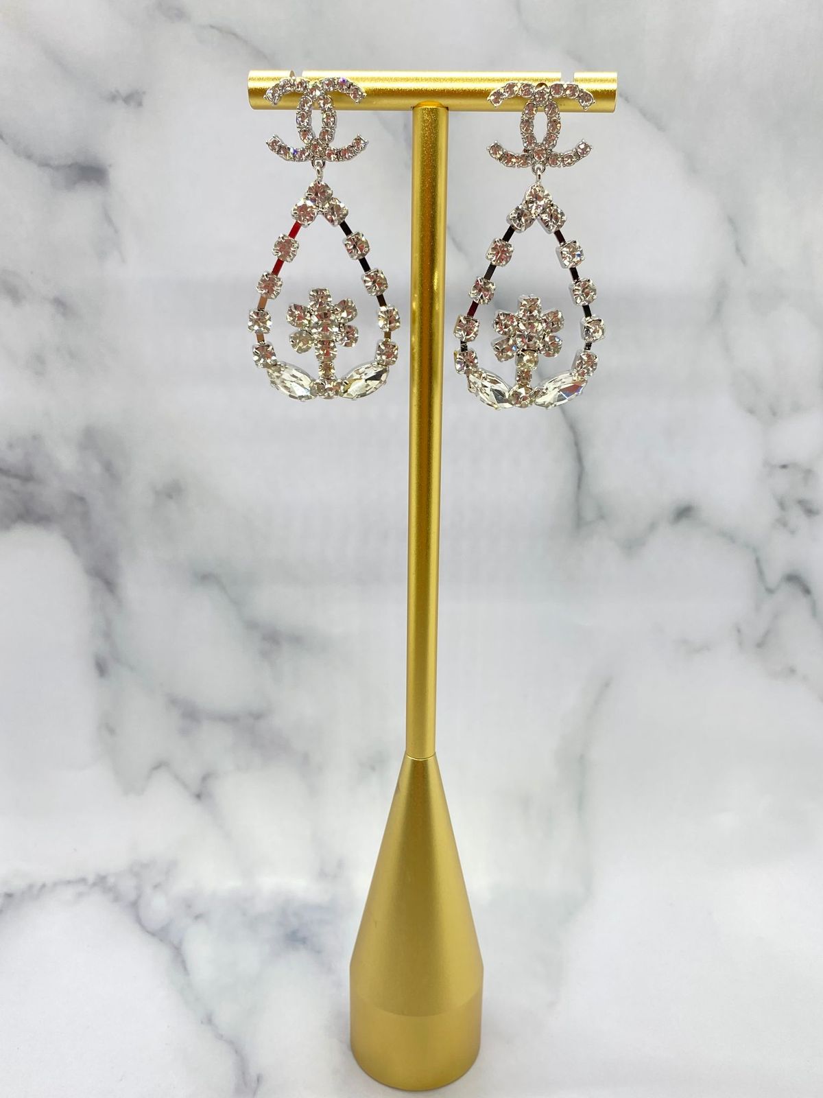 CHANEL CC Silver Tone Rhinestone Pendant Earrings - Pre owned
