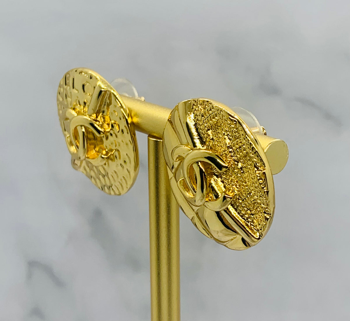 CHANEL CC Gold Tone Button Earrings - USED
