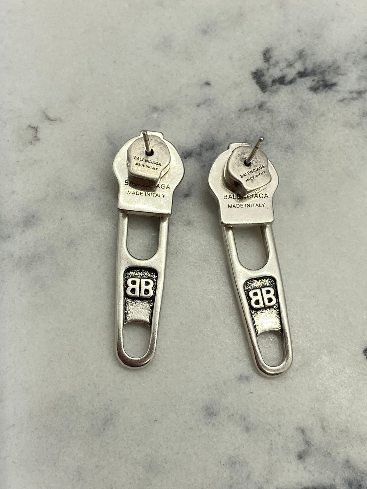 BALENCIAGA BB Silver Tone Zipper Earrings - Pre owned