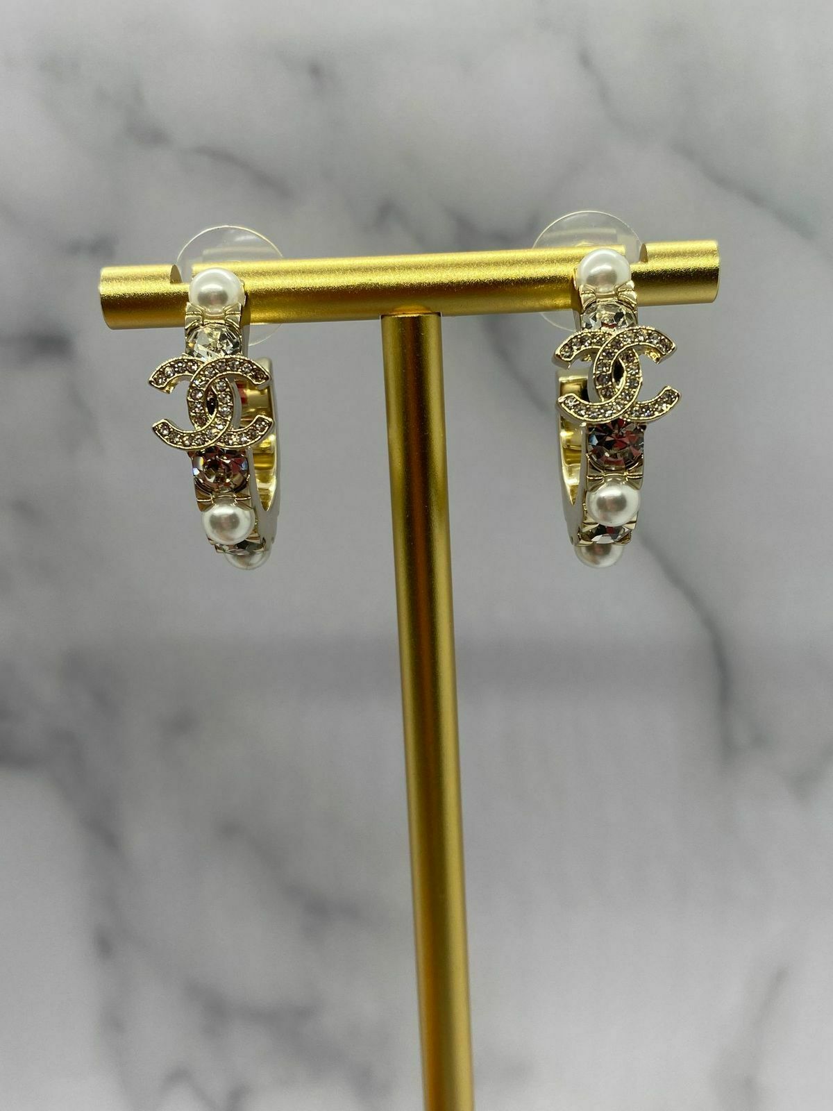 CHANEL CC Gold Tone Pearl & Rhinestone Hoop Earrings - USED