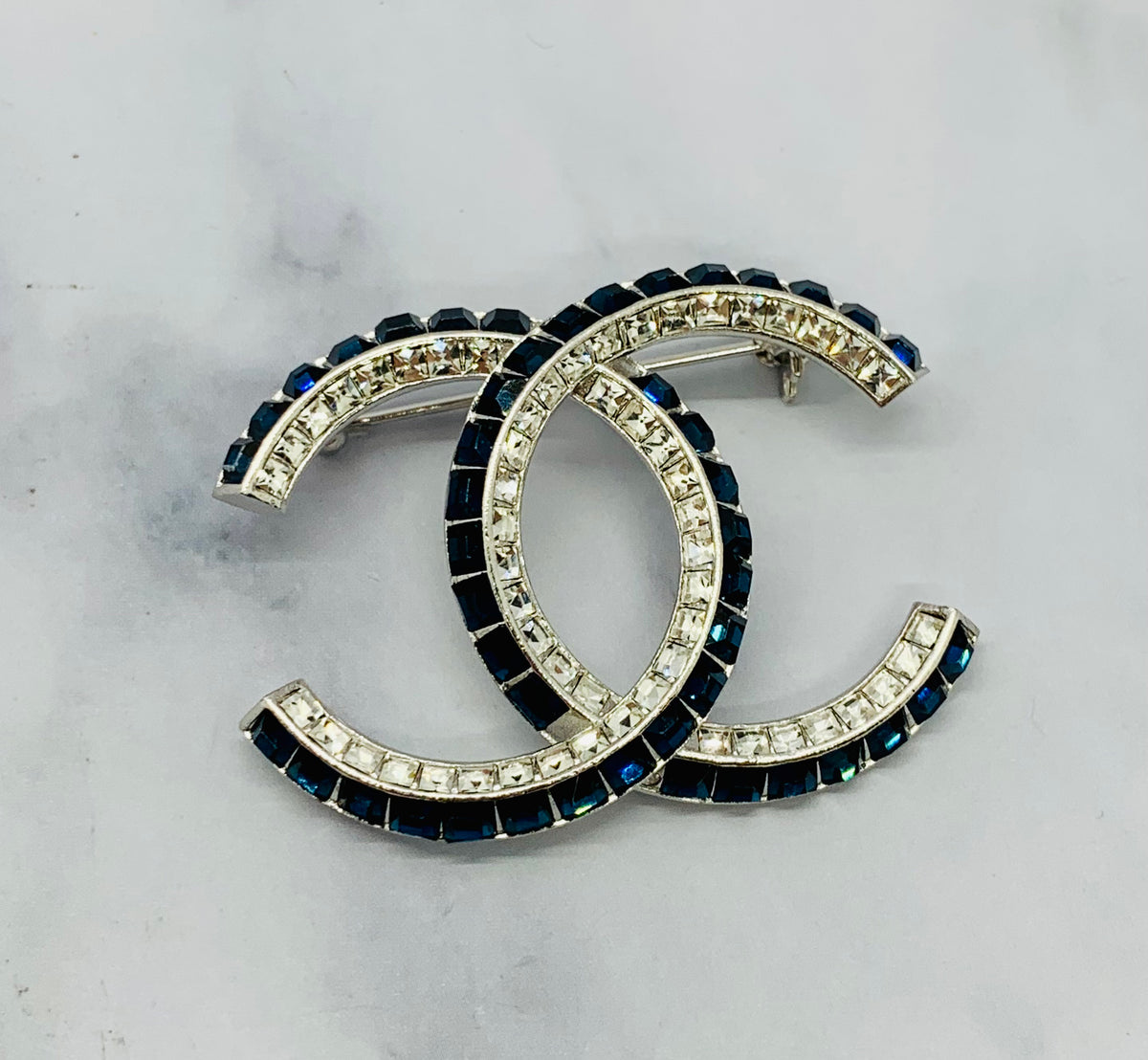 CHANEL CC Blue Rhinestone Brooch Pin - USED