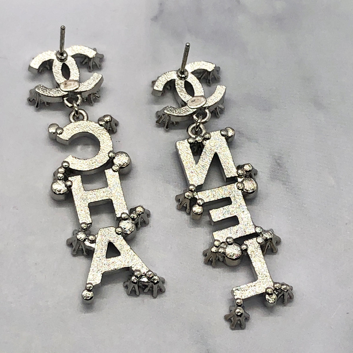 CHANEL CC Silver Tone Rhinestone Pendant Earrings - Pre owned