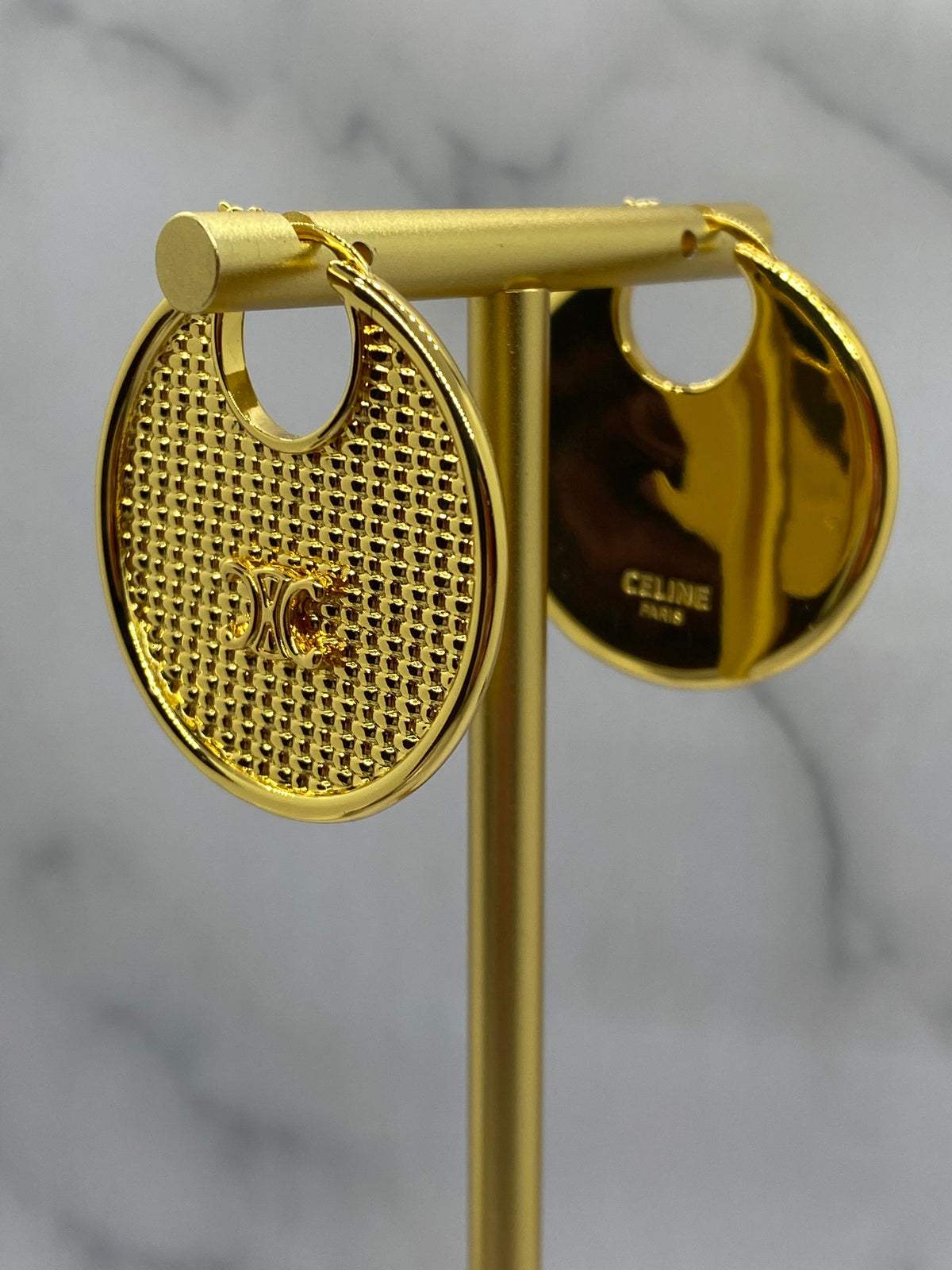 CELINE Gold Tone Monogram Hoop Earrings - Pre owned