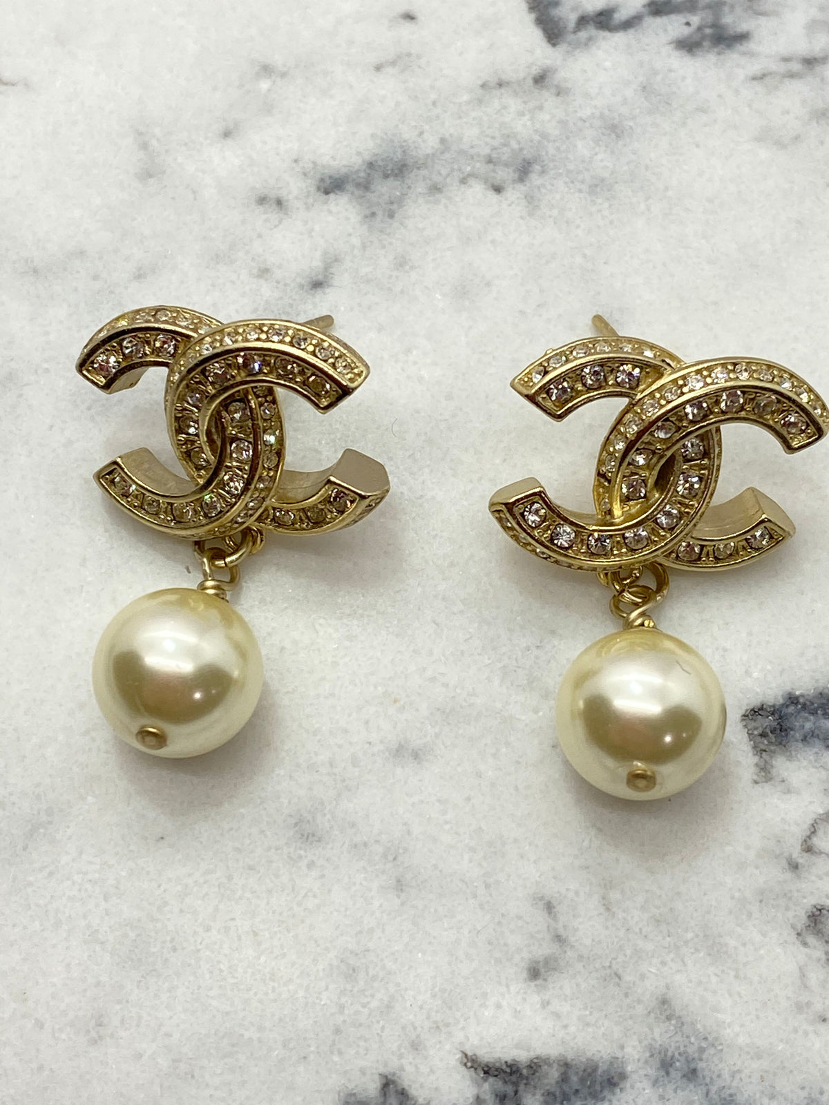 CHANEL CC Gold Tone Rhinestone & Pearl Earrings - USED